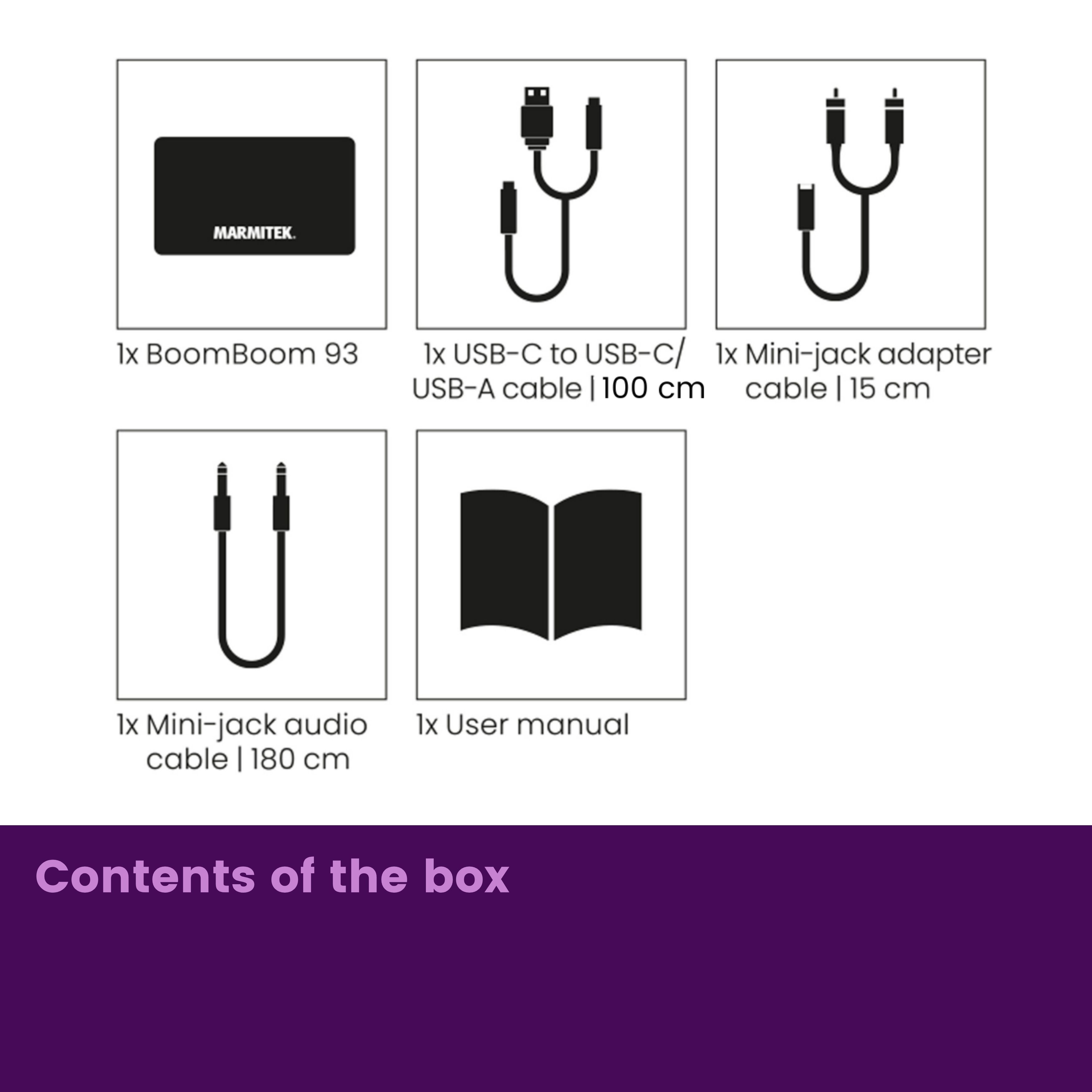 Contenu de la boîte : Marmitek BoomBoom 93, câble USB-C, adaptateur mini-jack, câble audio, manuel.