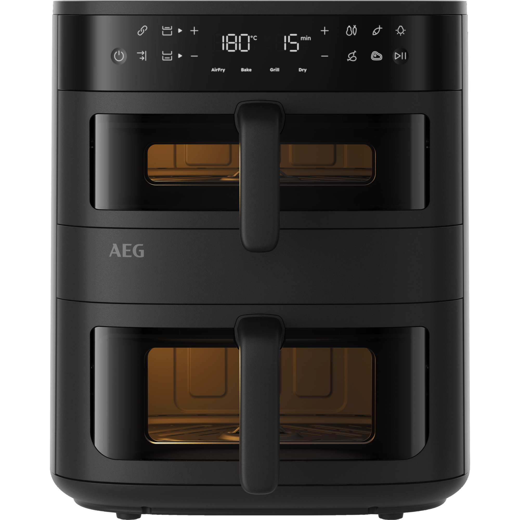 Freidora de aire AEG negra de doble cesta con pantalla y controles digitales.
