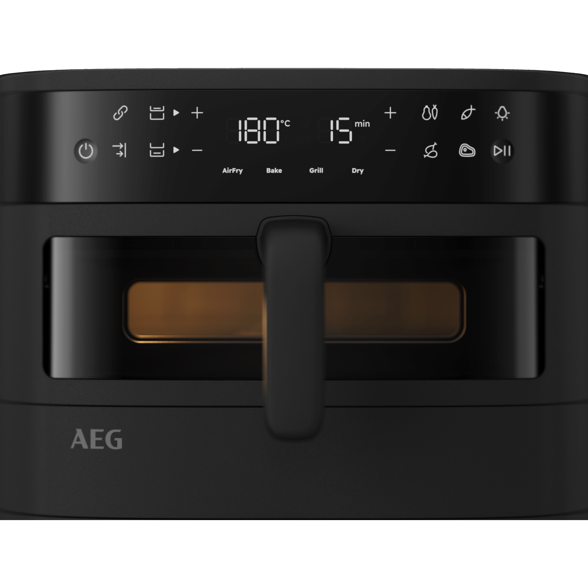 Pantalla negra de freidora de aire AEG con temperatura y tiempo.