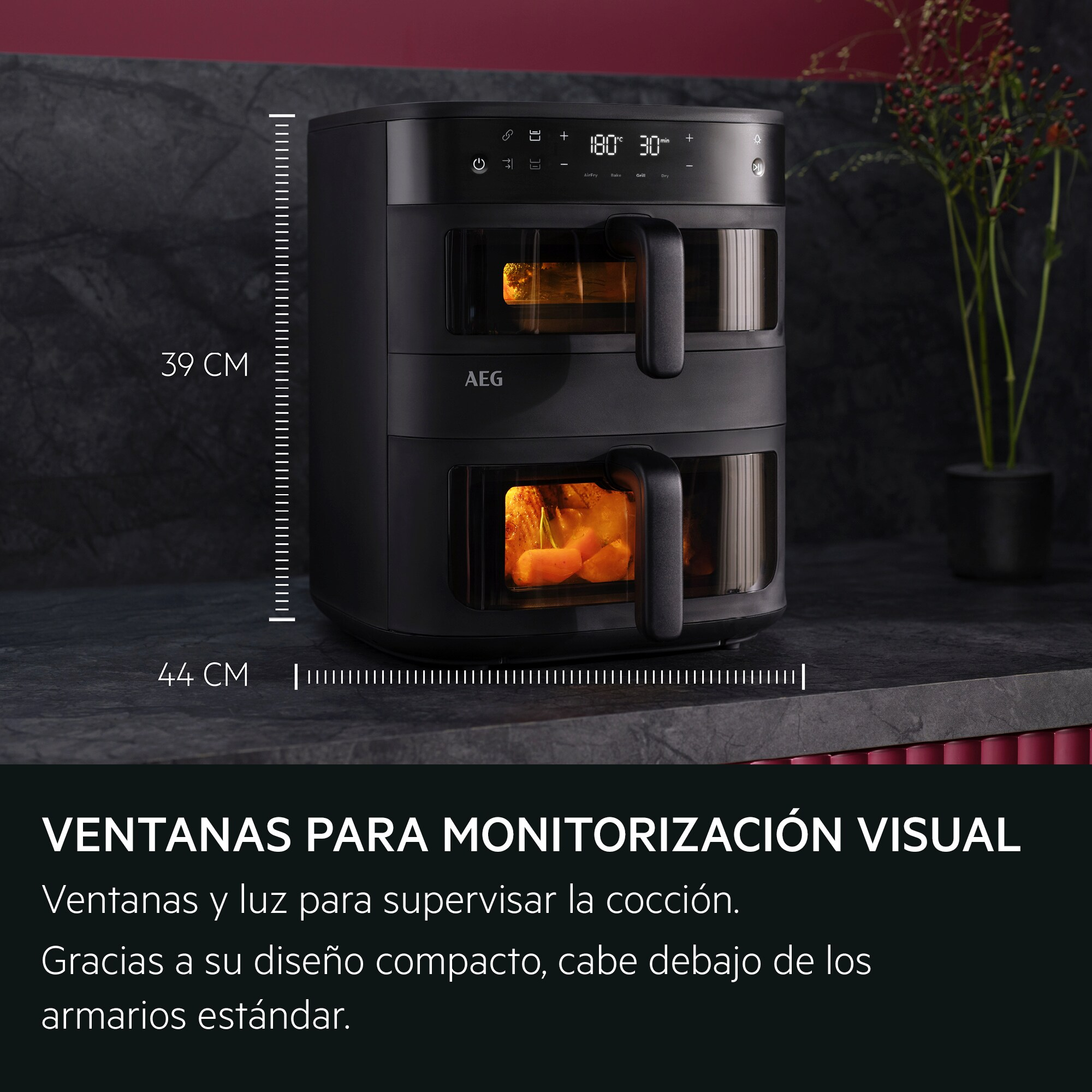 Freidora de aire AEG negra de dos cajones con ventanas de visualización.