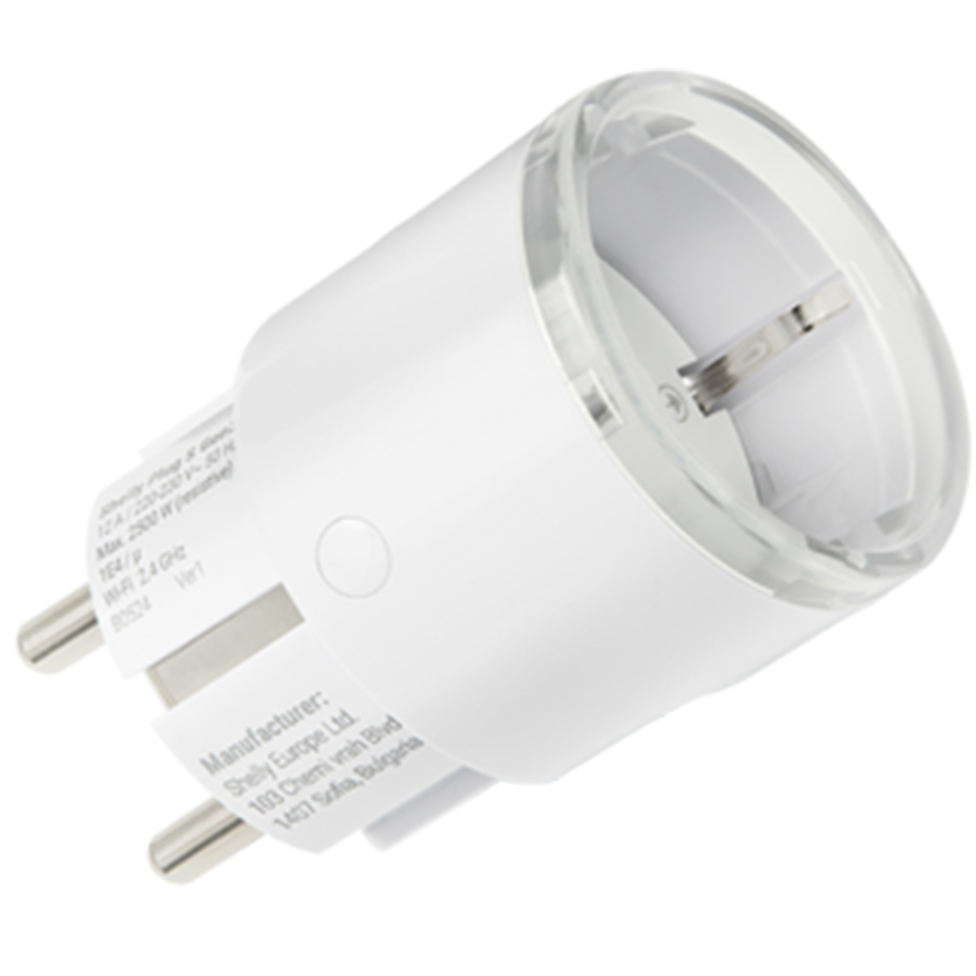 Biały Shelly Plug S z przezroczystą osłoną i wtyczką EU.