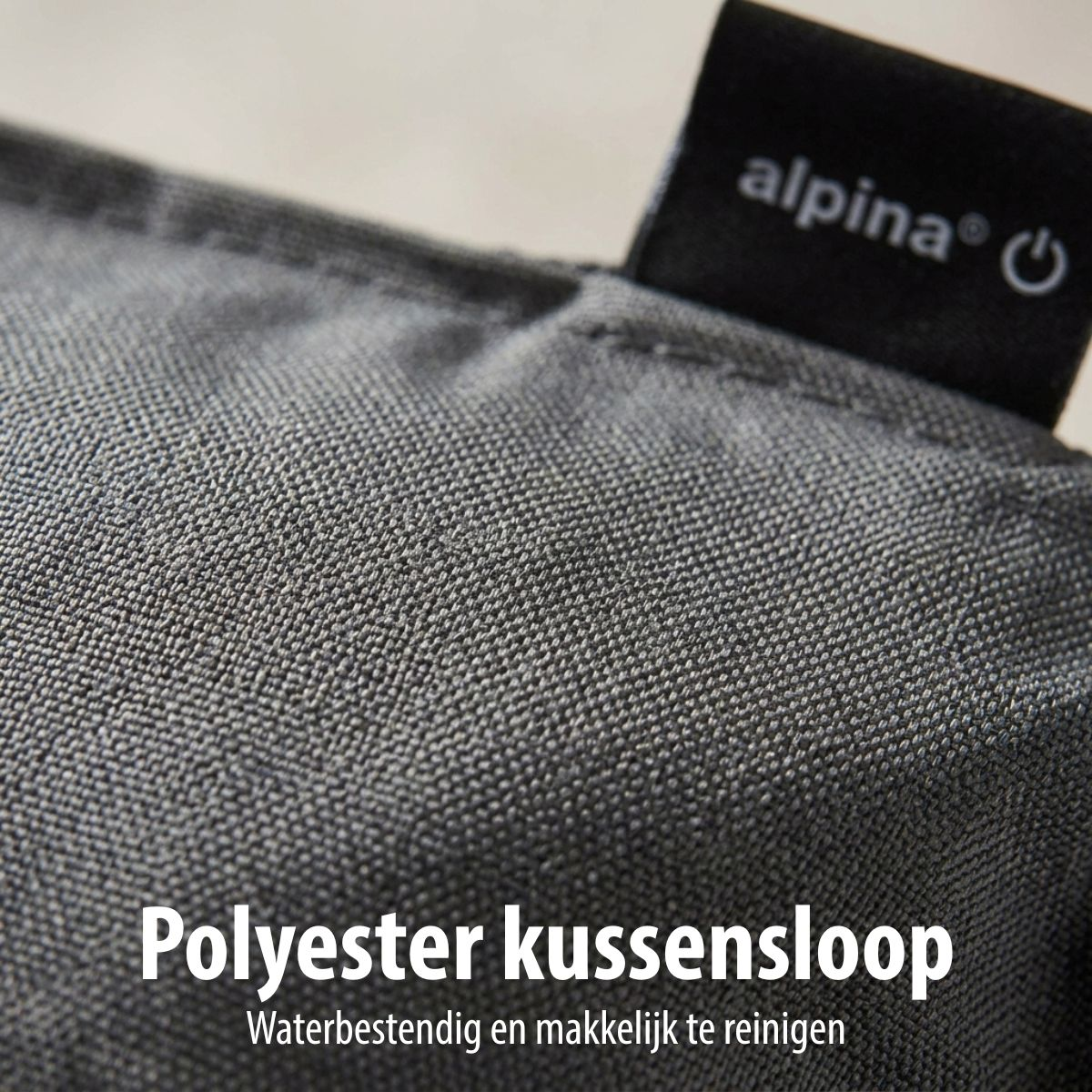 Grijze polyester kussensloop met zwart 'alpina' label.