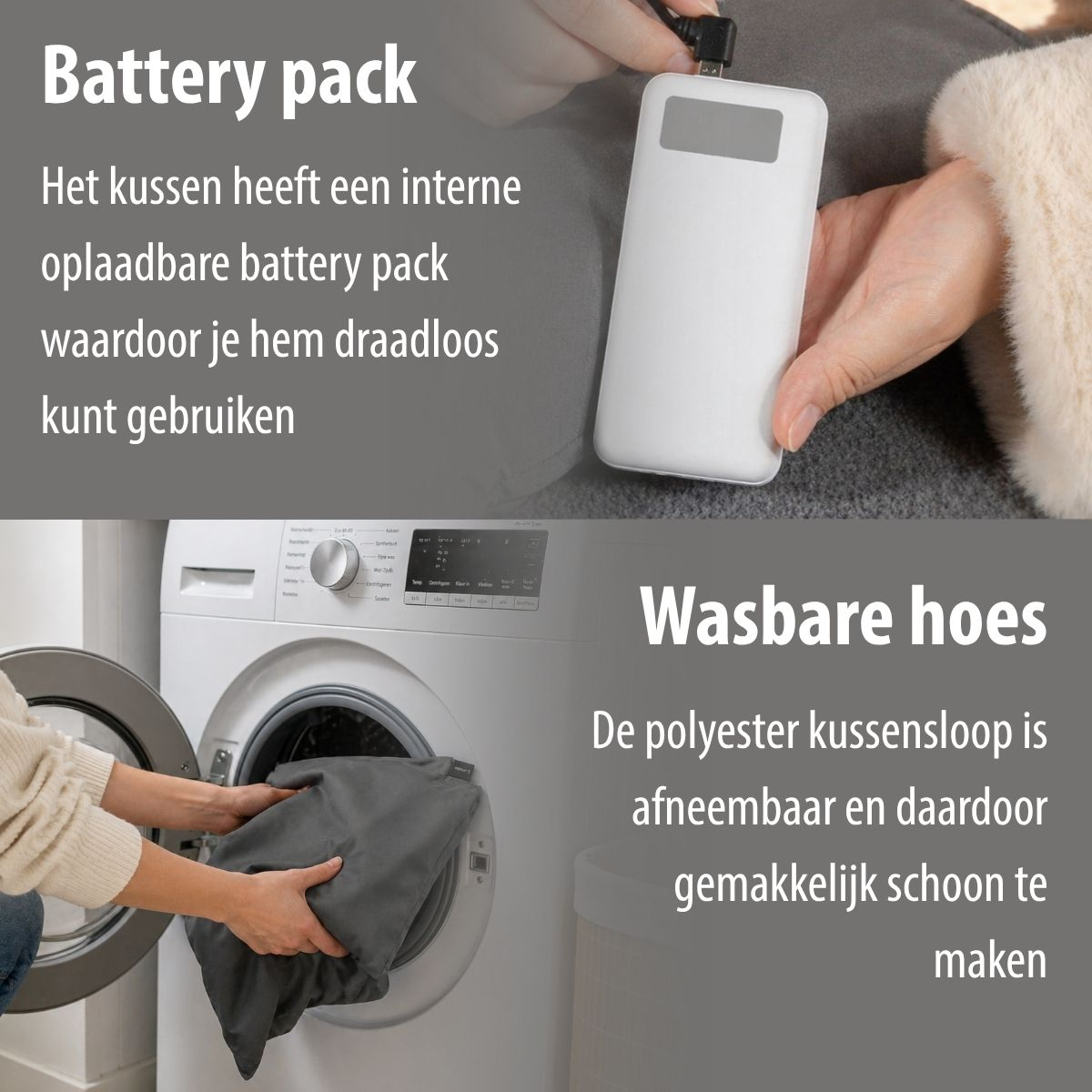 Een grijs kussen wordt in een wasmachine geplaatst. Een witte powerbank wordt getoond.