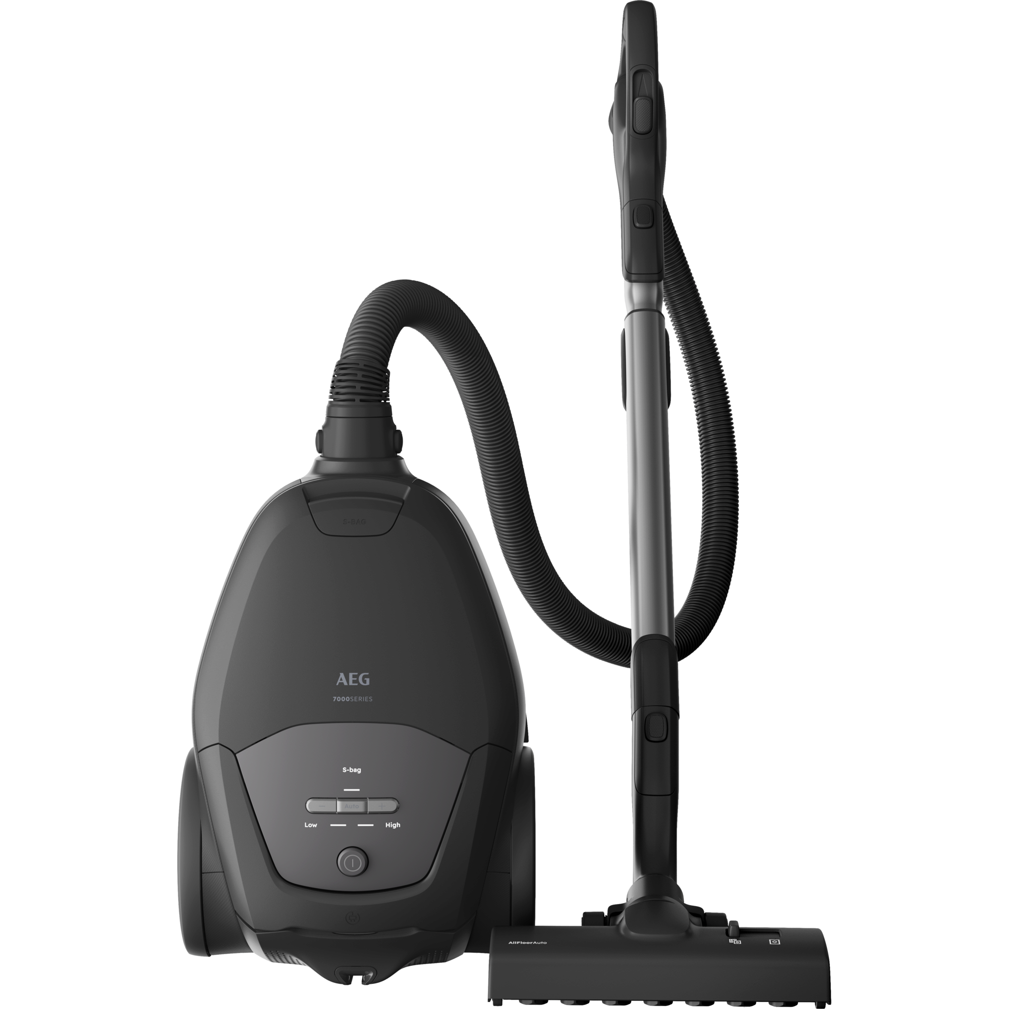 Una aspiradora AEG Serie 7000 gris oscuro con manguera y cabezal.