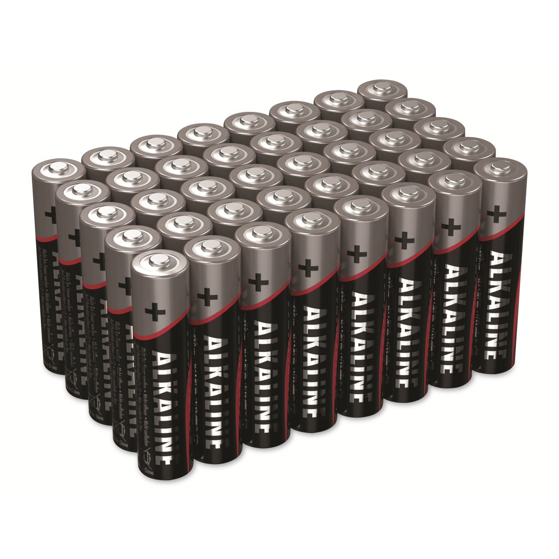 Un gruppo di batterie alcaline AAA con custodie argentate e accenti neri.