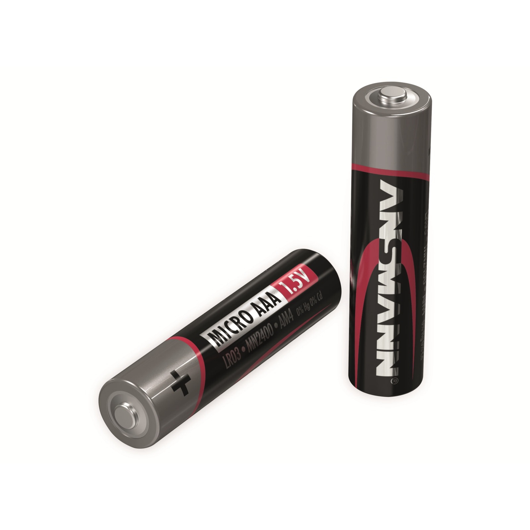 Due batterie AAA, una sdraiata, una in piedi. Nero con stampa rossa e argento.
