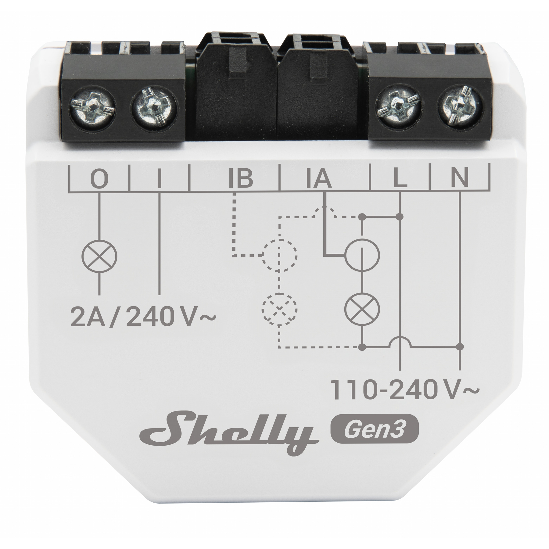 Białe urządzenie Shelly Gen3 ze złączami śrubowymi i schematem. 2A/240V.