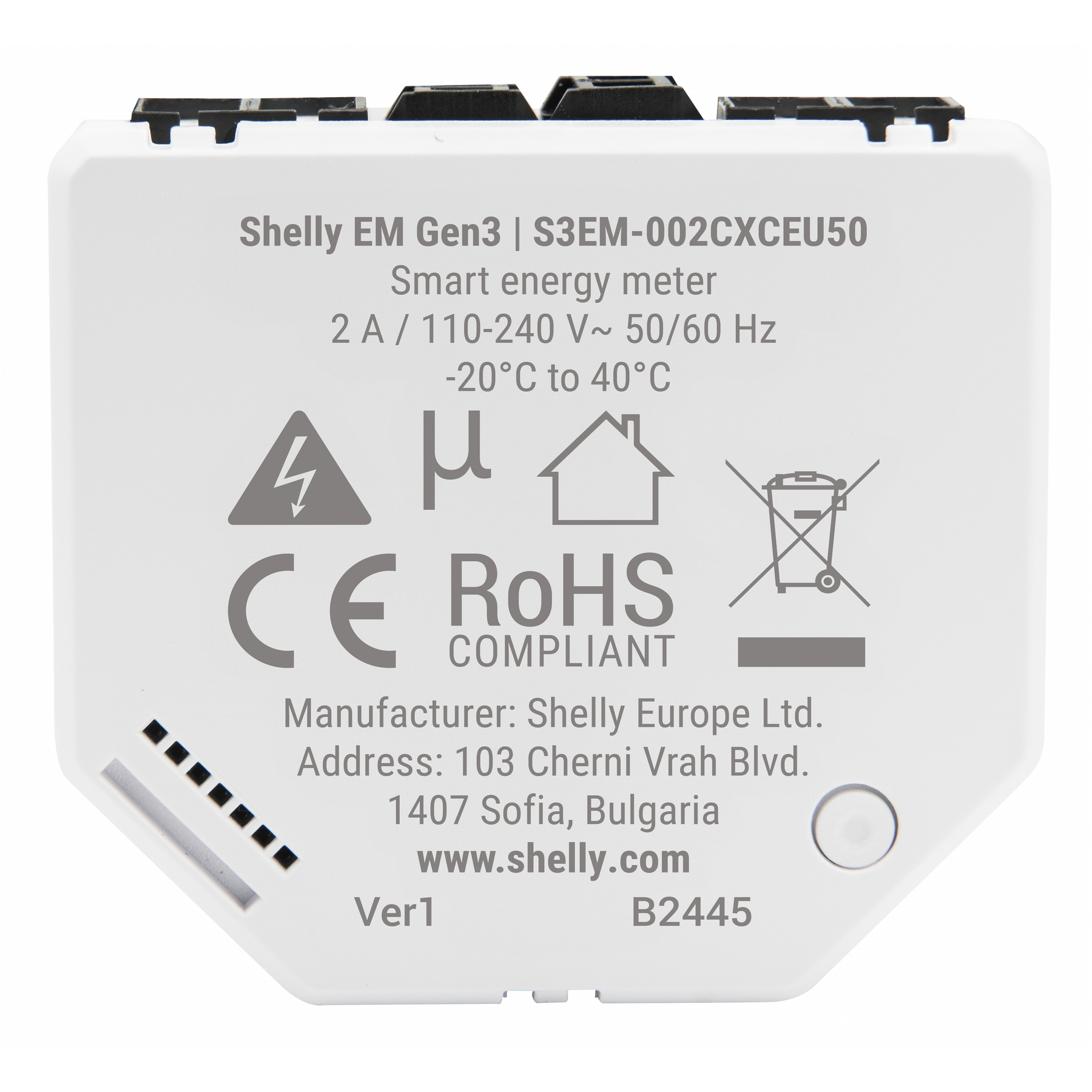 Biały inteligentny miernik energii Shelly EM Gen3 z tekstem i symbolami.
