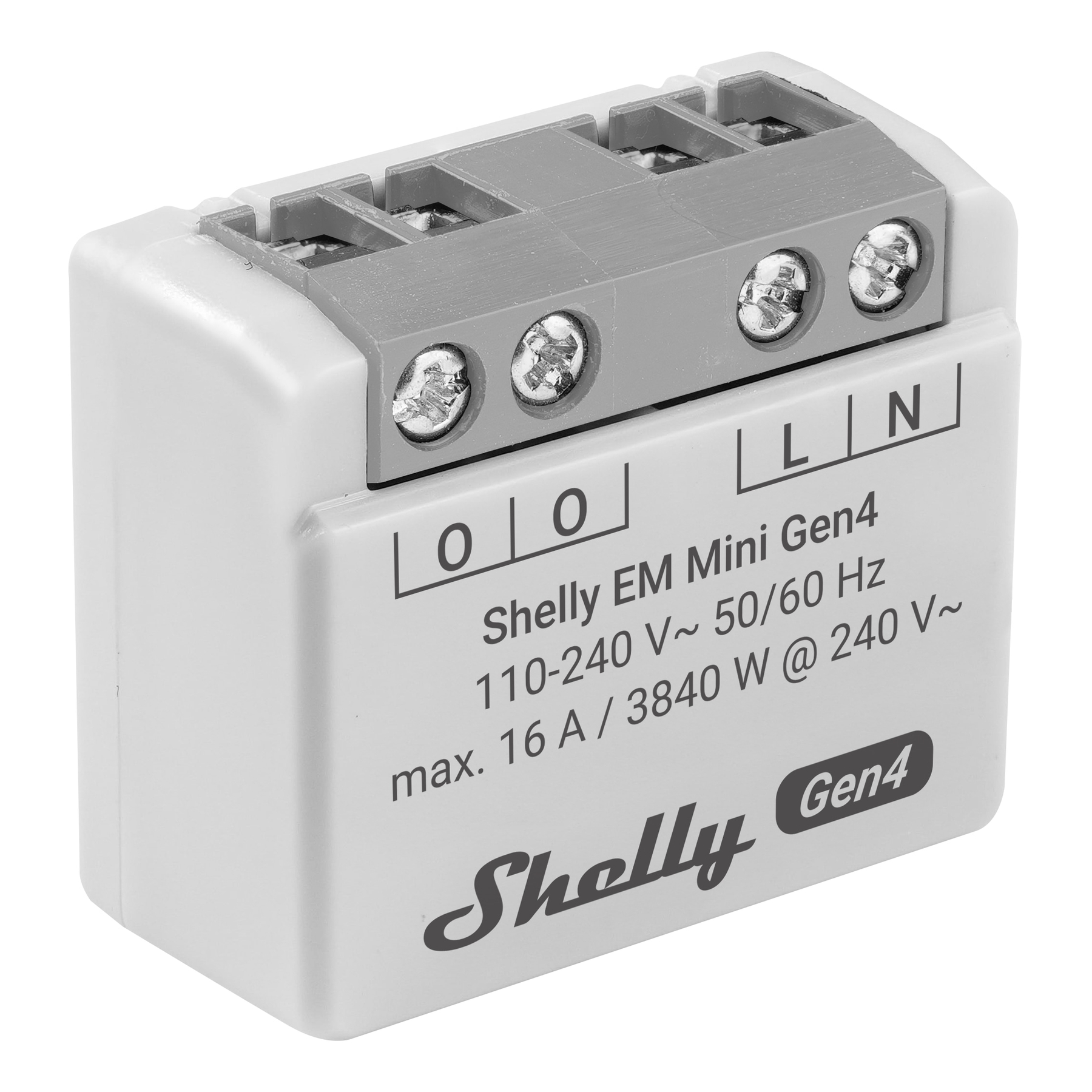 Biały Shelly EM Mini Gen4 ze złączami śrubowymi i oznaczeniami.