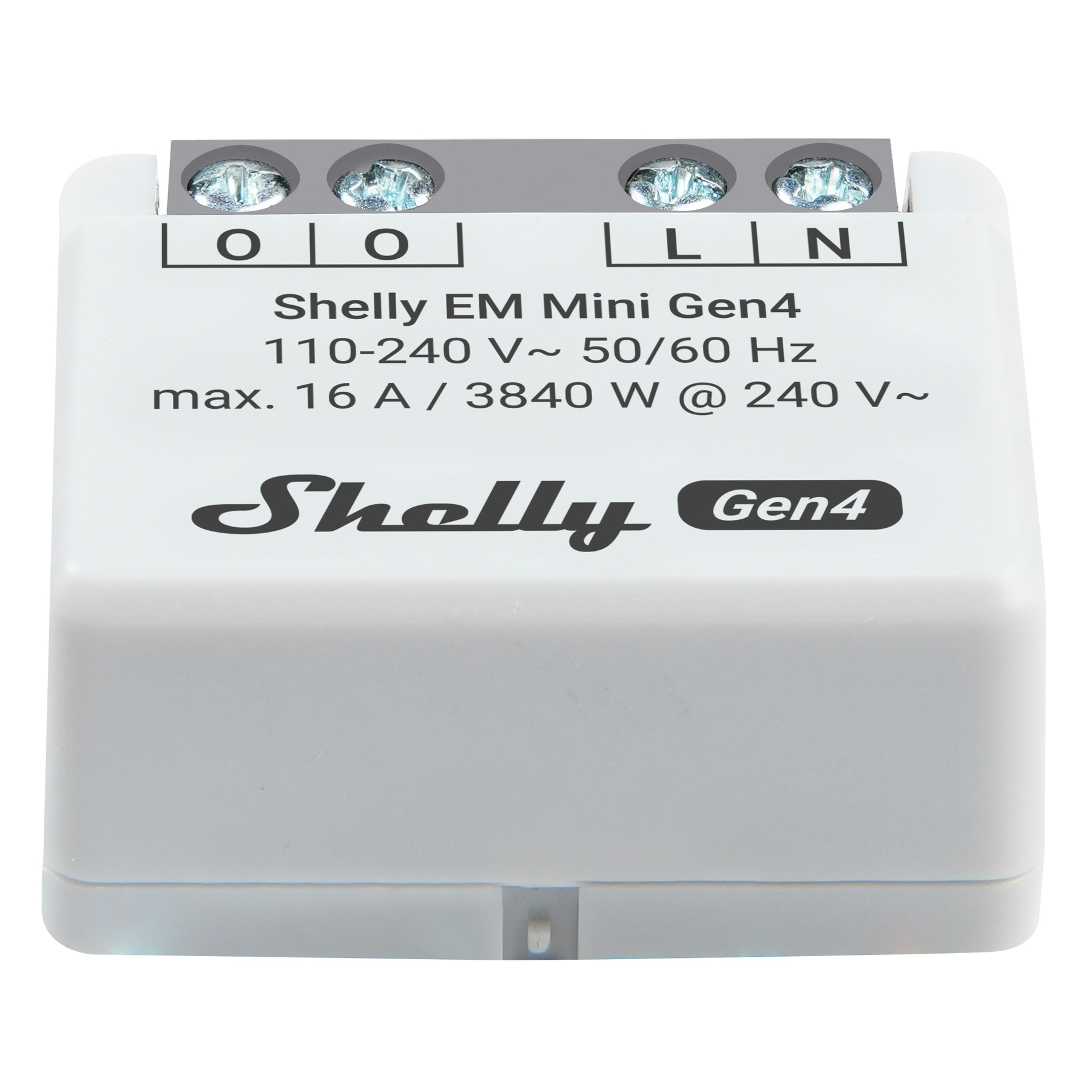 Białe urządzenie Shelly EM Mini Gen4 ze złączami 110-240V.