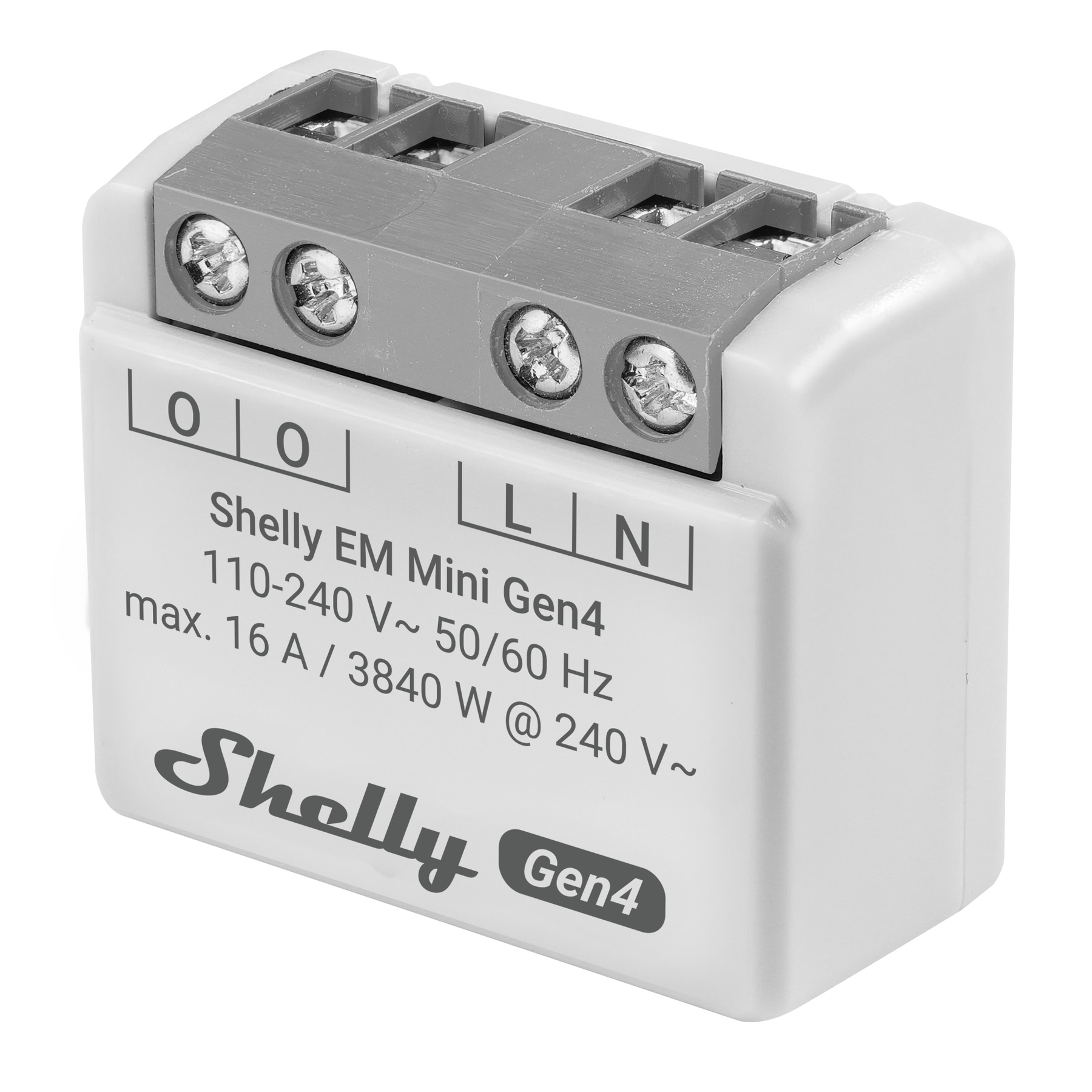 Białe urządzenie Shelly EM Mini Gen4 z szarymi złączami śrubowymi i etykietami.