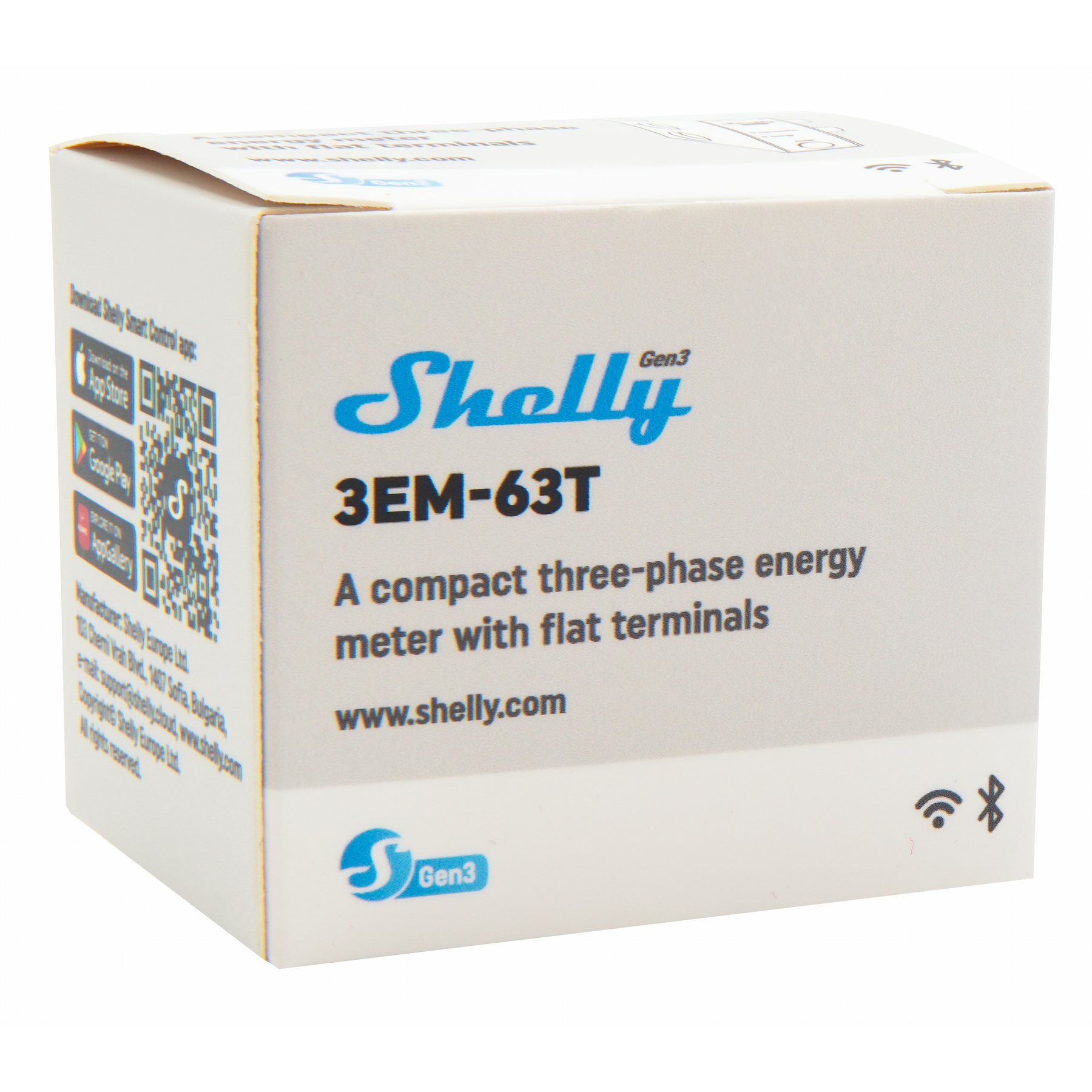 Opakowanie trójfazowego licznika energii Shelly 3EM-63T z płaskimi zaciskami.