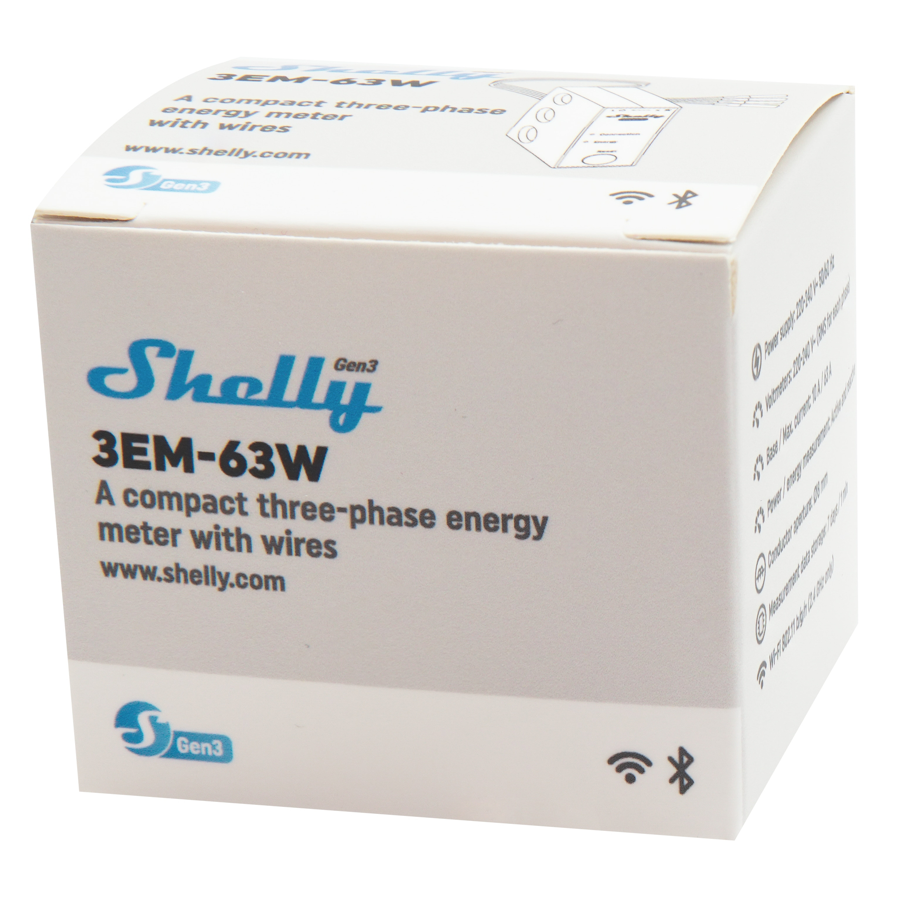 Białe pudełko z niebieskim i czarnym napisem dla licznika energii Shelly 3EM-63W.