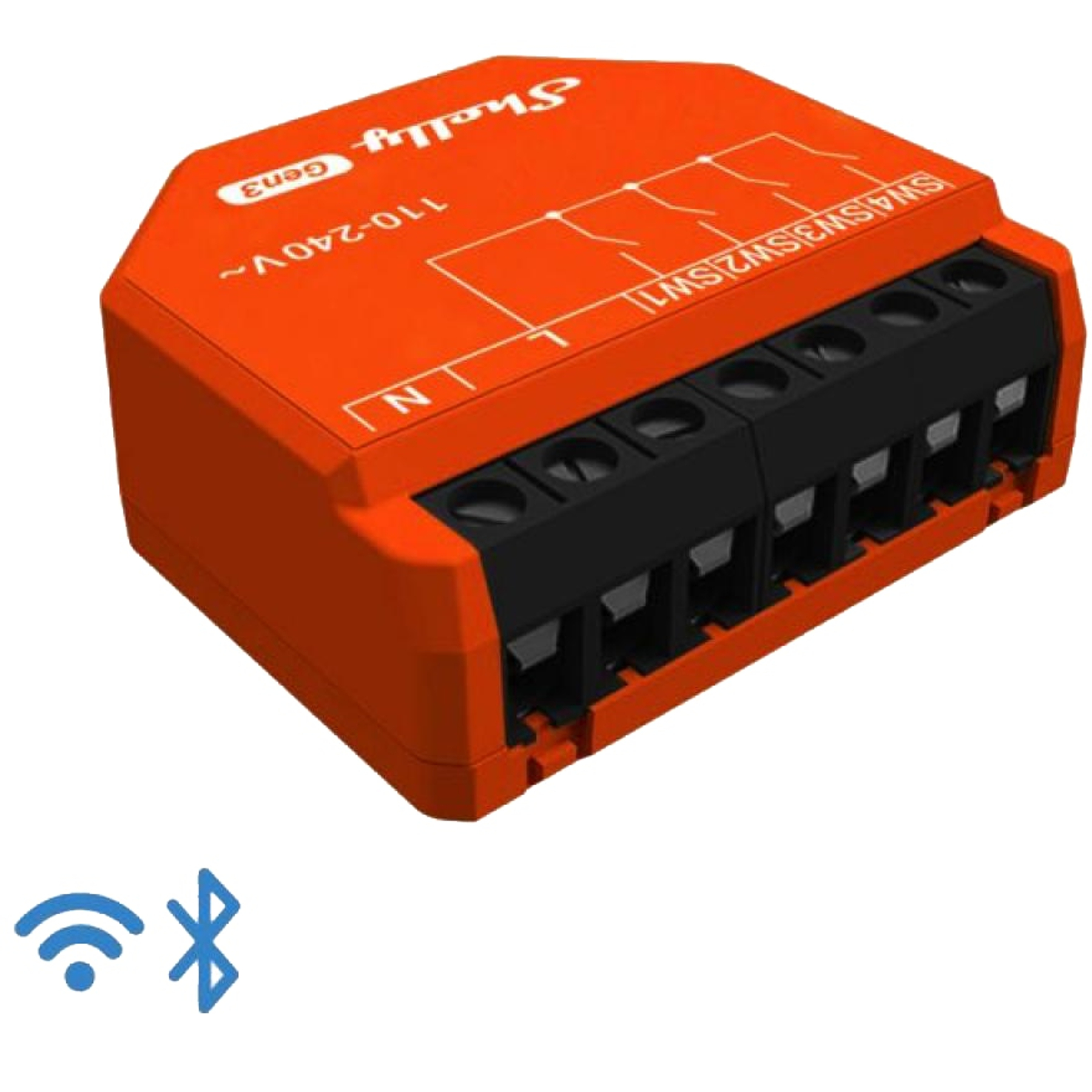 Pomarańczowe urządzenie Shelly Gen3 z ikonami Wi-Fi i Bluetooth. Bloki zacisków z boku.