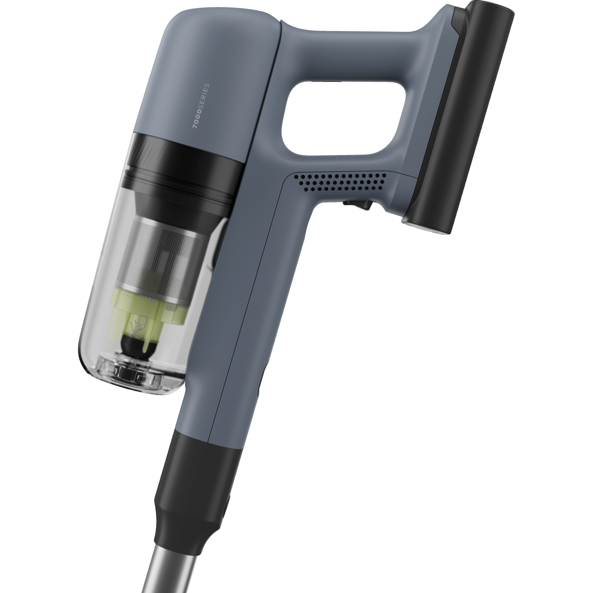 Aspirapolvere grigio portatile con contenitore trasparente e manico nero. Etichetta 7000SERIES.