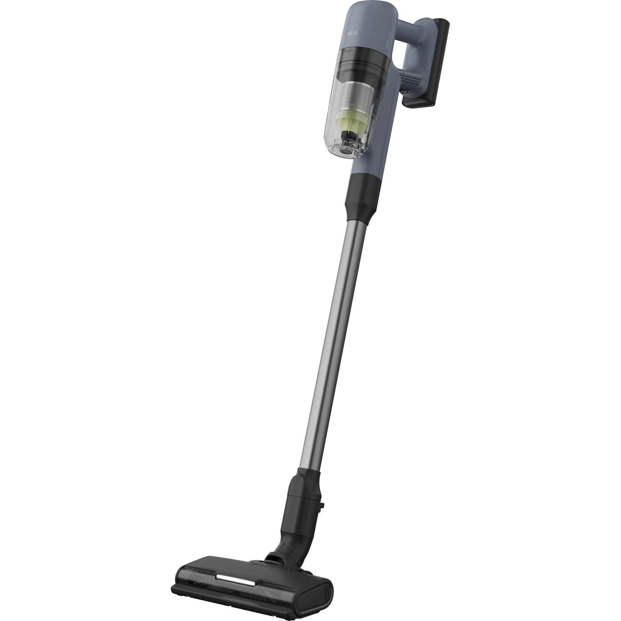 Aspirapolvere senza fili grigio con contenitore trasparente e tubo argento.
