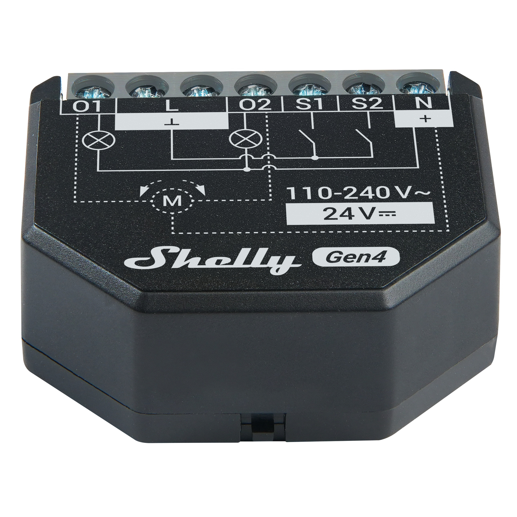 Czarny moduł Shelly Gen4 ze schematem i złączami. Opis: 110-240V~, 24V=.