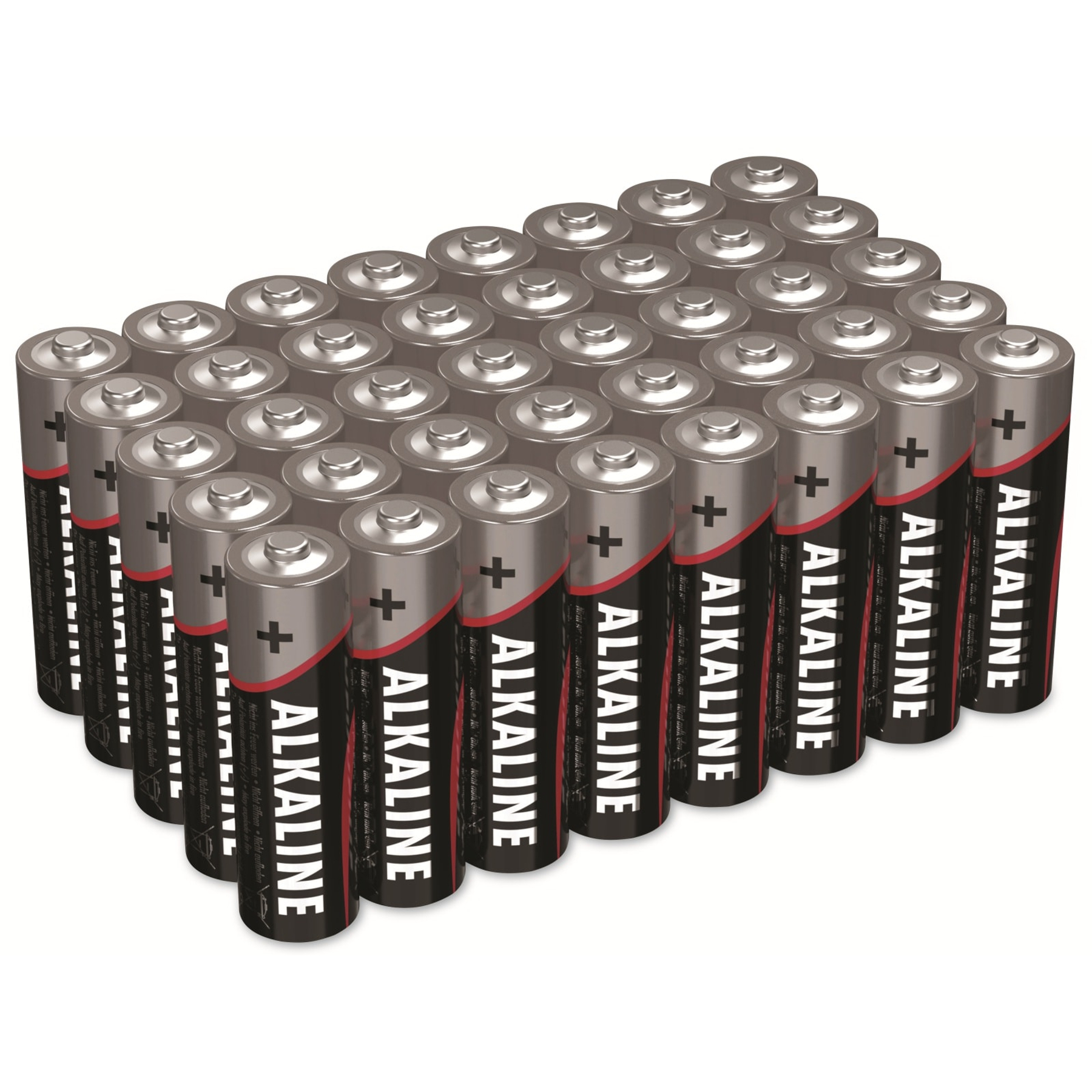 File di batterie alcaline AA su sfondo bianco.