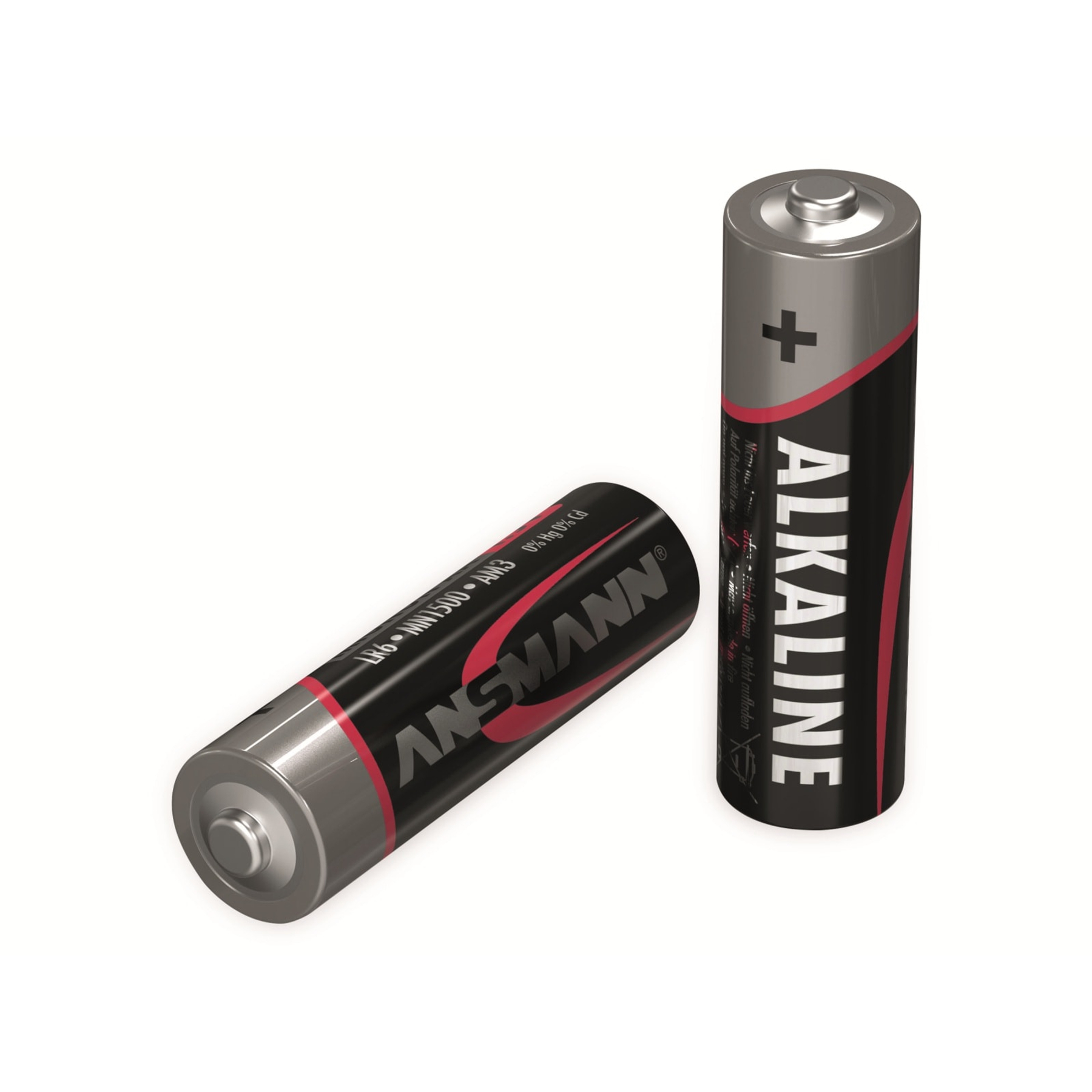 Due batterie AA, una in piedi, una sdraiata. Nero con accenti rossi.