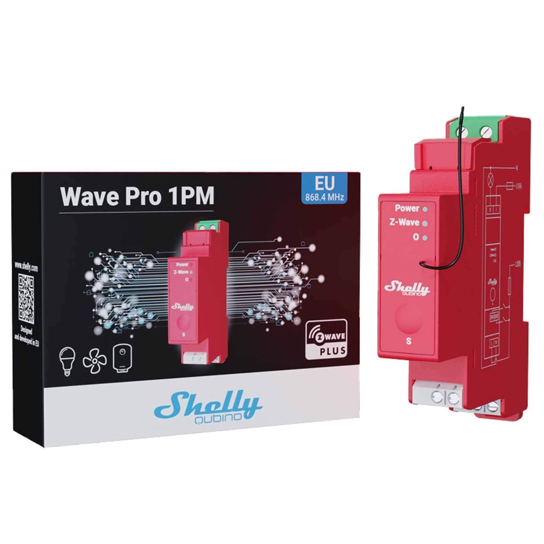Czerwone urządzenie i opakowanie Shelly Wave Pro 1PM z logo Z-Wave Plus.