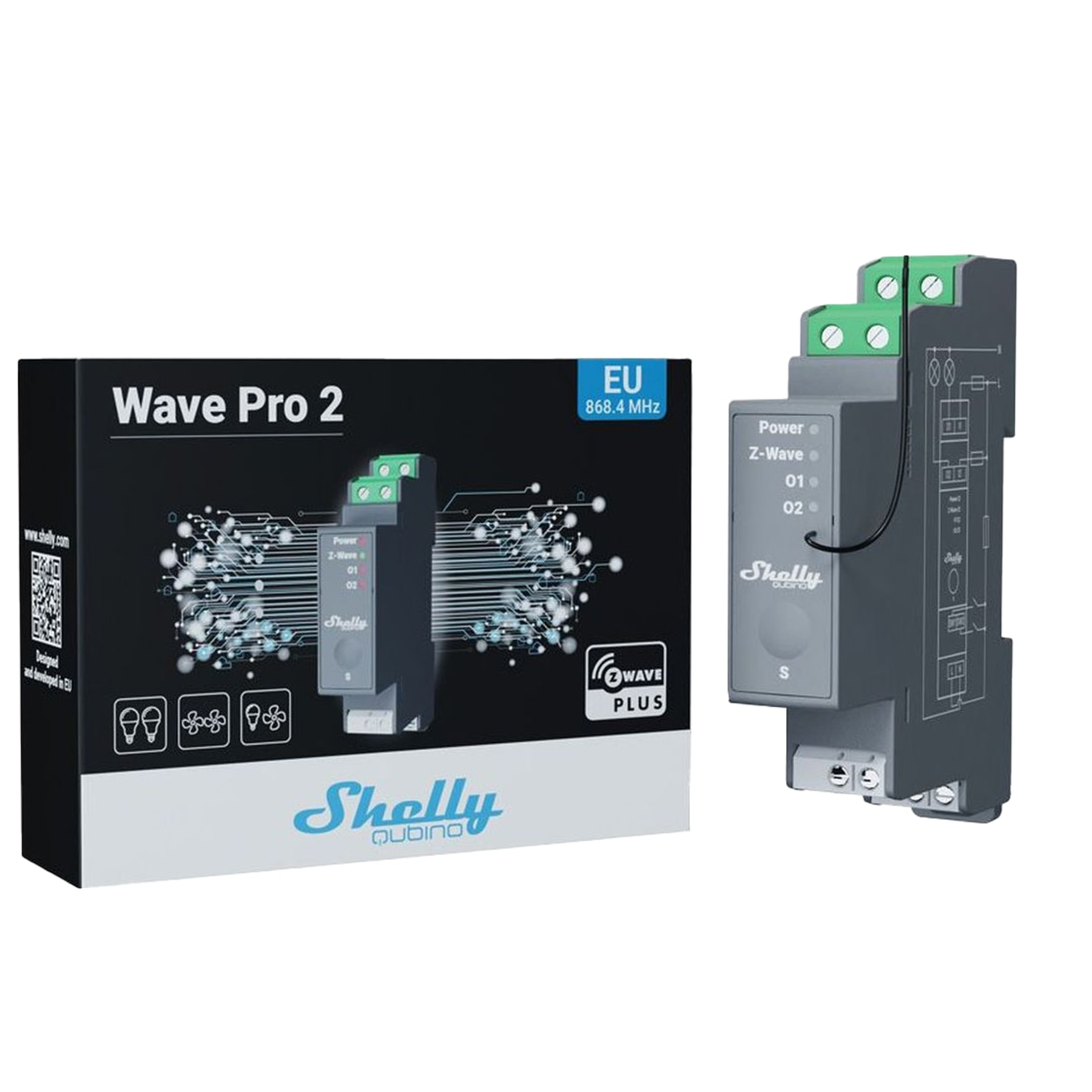 Urządzenie i opakowanie Shelly Wave Pro 2 Z-Wave Plus na białym tle.