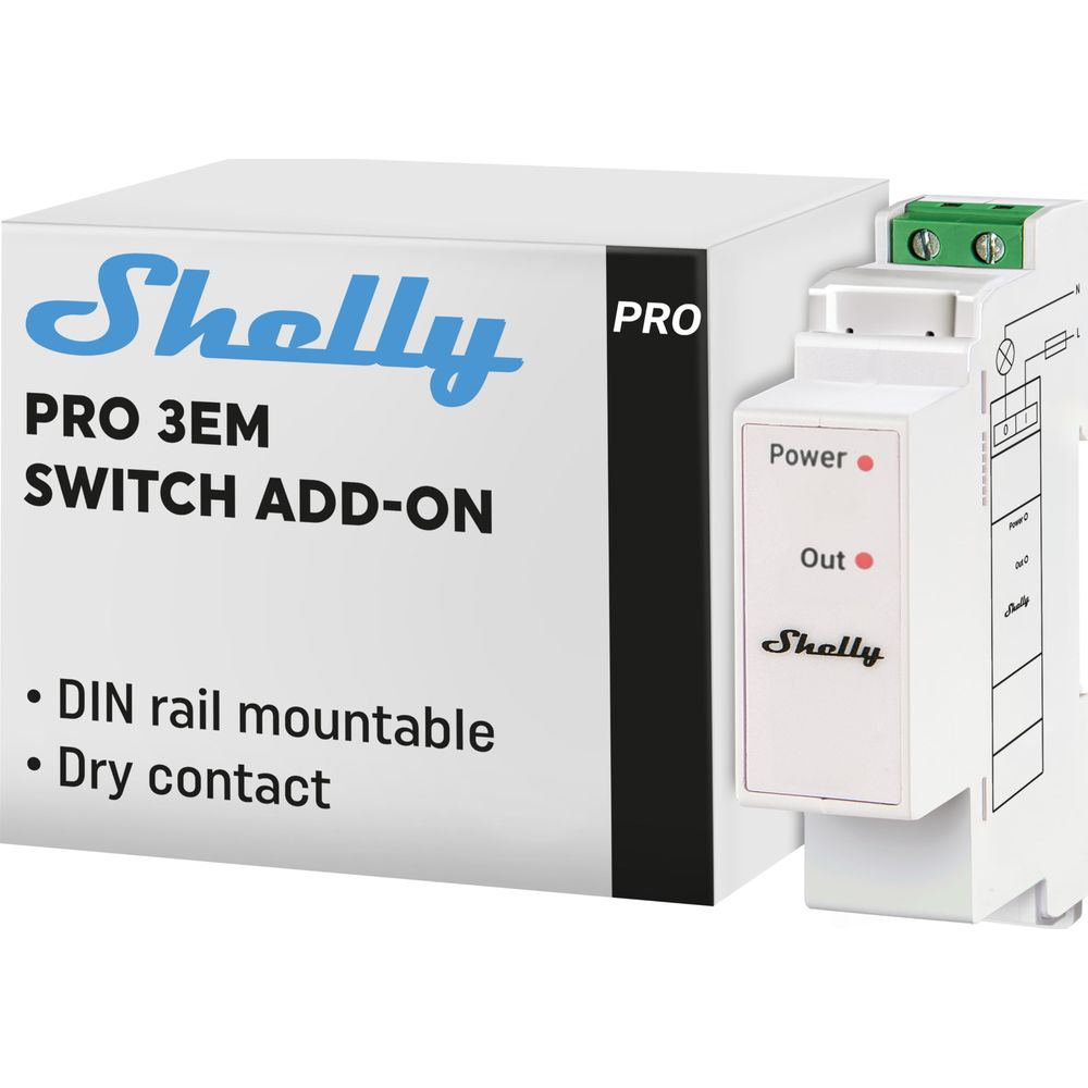 Pudełko Shelly PRO 3EM Switch Add-On z urządzeniem. Cechy: montaż na szynie DIN, styk suchy.