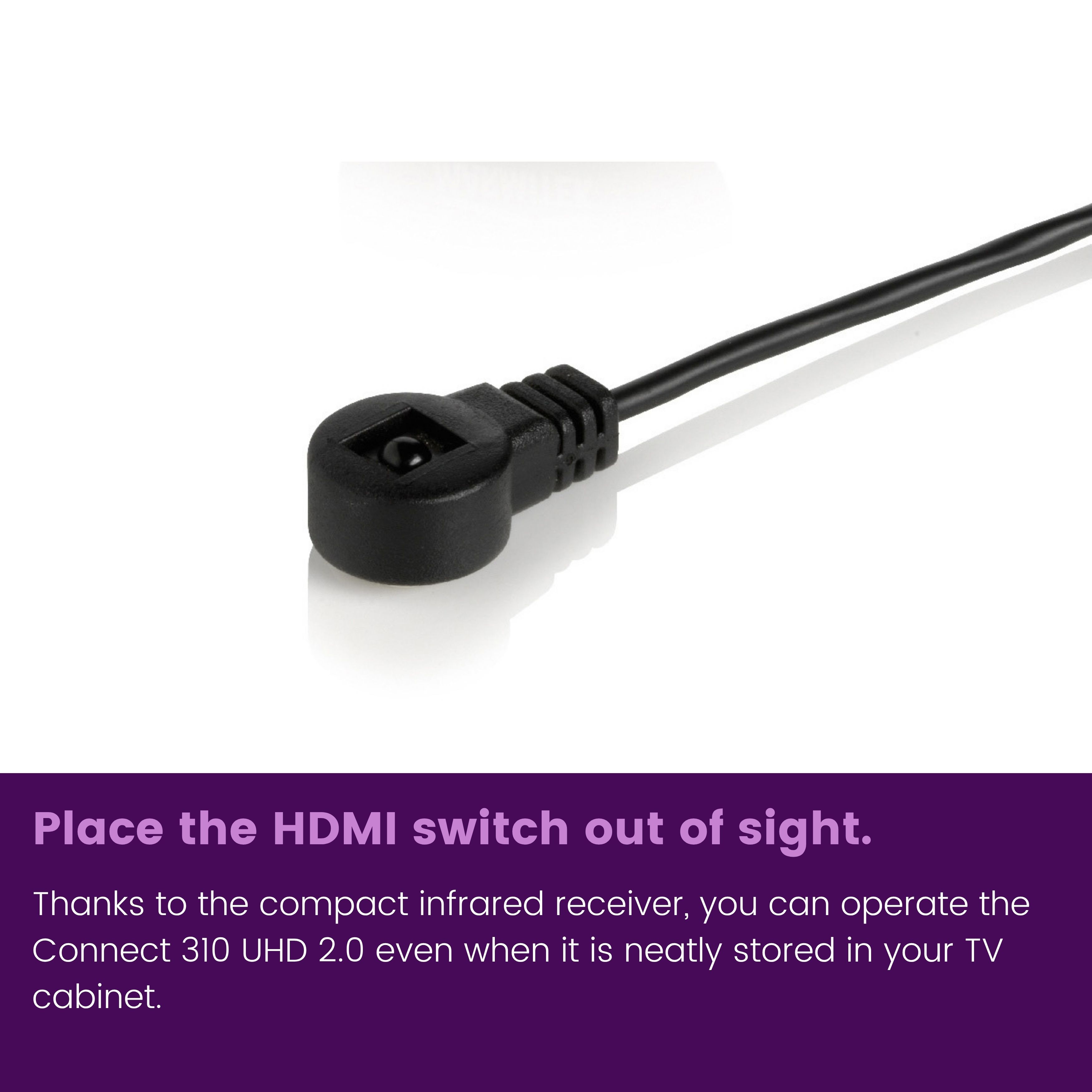 Schwarzer HDMI-Empfänger mit Kabel auf weißem Hintergrund.