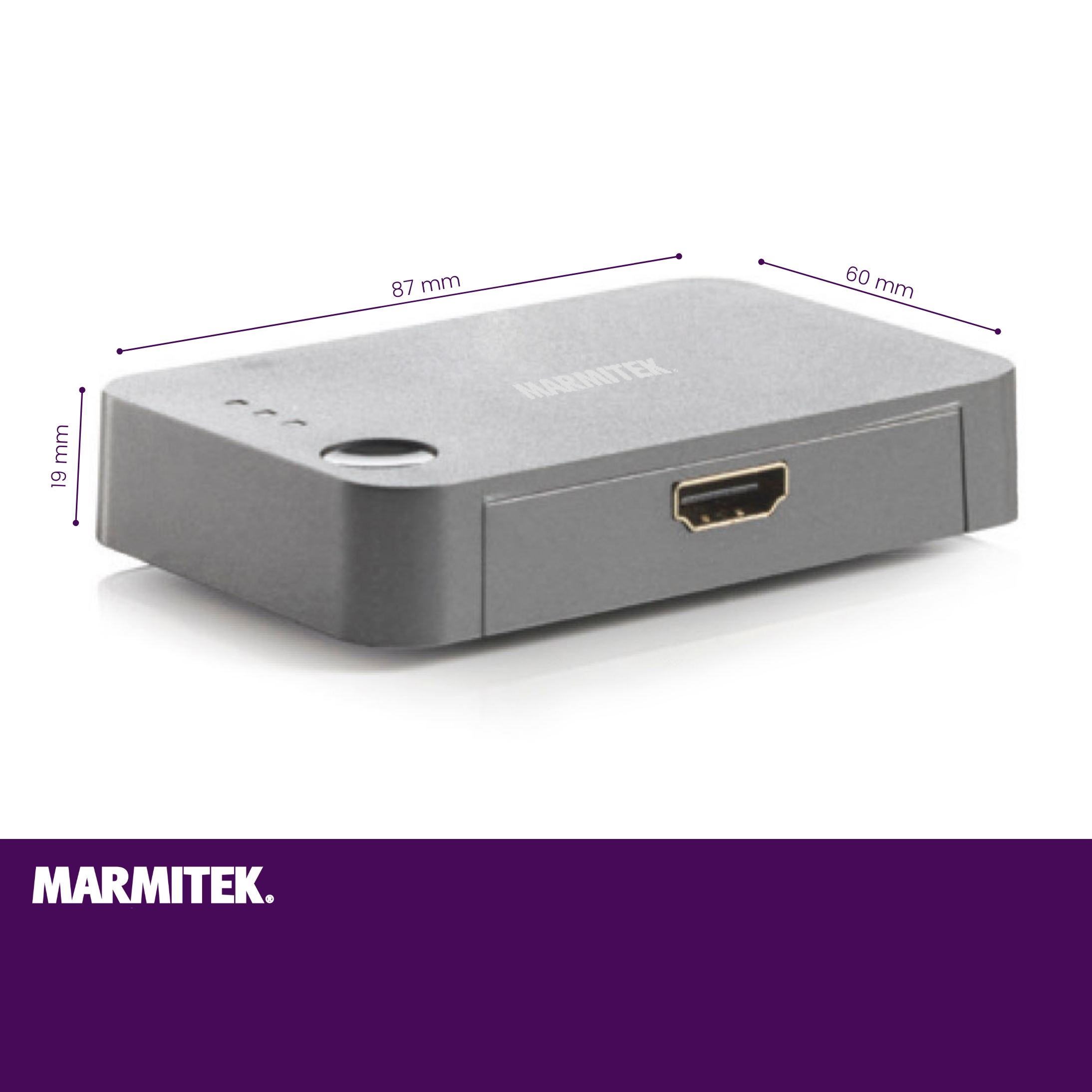 Graues HDMI-Gerät mit Abmessungen 87x60x19mm und HDMI-Anschluss.