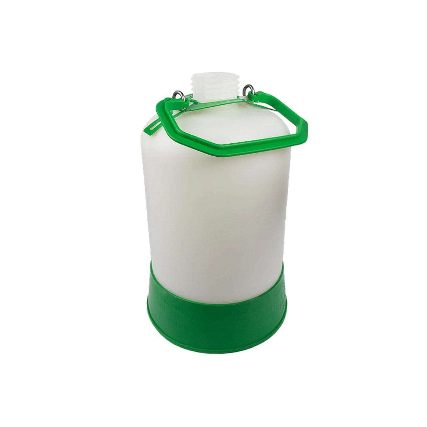 Un contenitore bianco con manico e base verdi.
