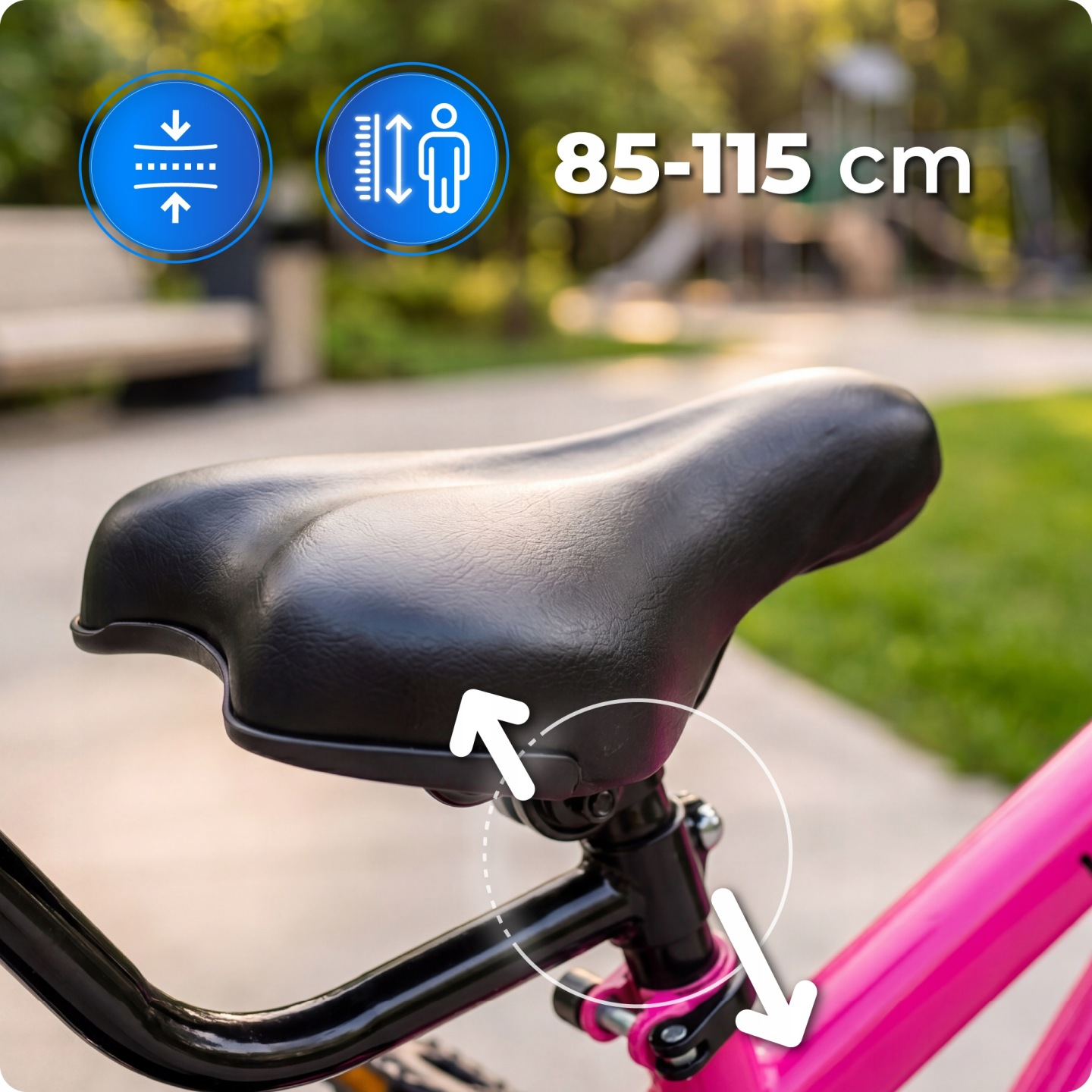 Czarno-różowe siodełko rowerowe z ikonami regulacji wysokości i oznaczeniem 85-115 cm.