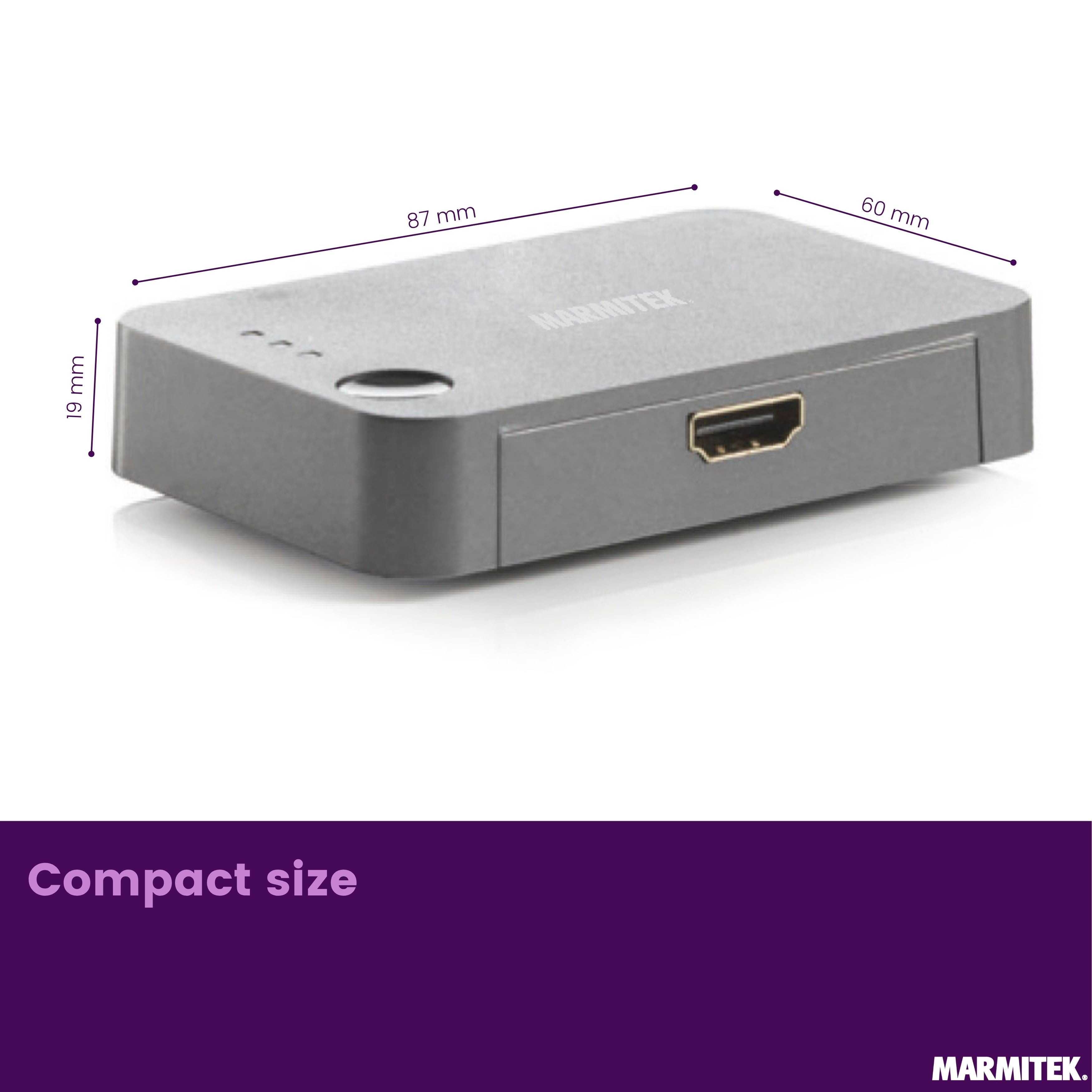 Grauer Marmitek-Adapter mit HDMI-Anschluss. Maße: 87x60x19 mm.
