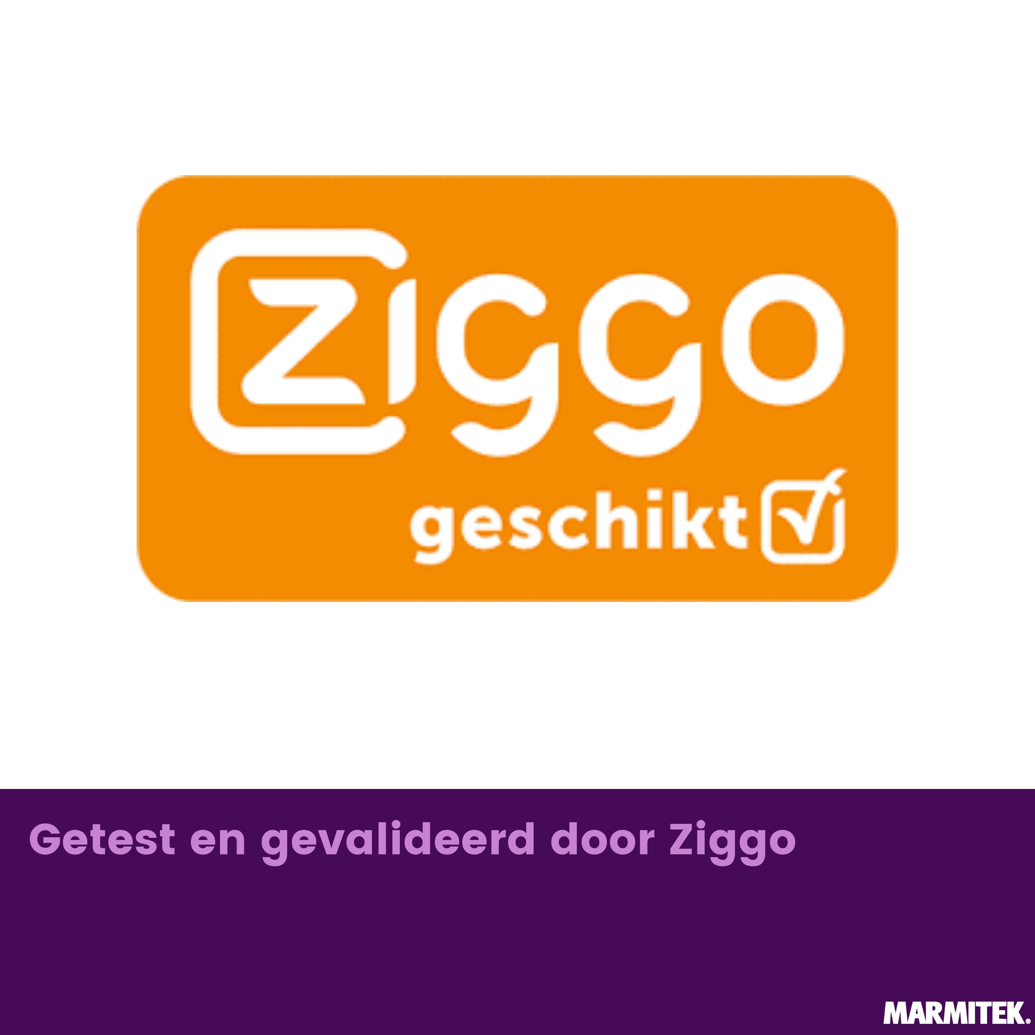 Ziggo-Logo und Text 'Getest und validiert von Ziggo'. Marmitek-Logo unten rechts.