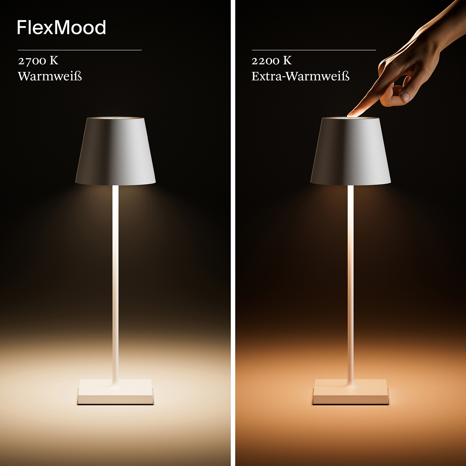 Eine weiße Lampe mit 2700K und 2200K Lichtfarben, eine Hand berührt sie.