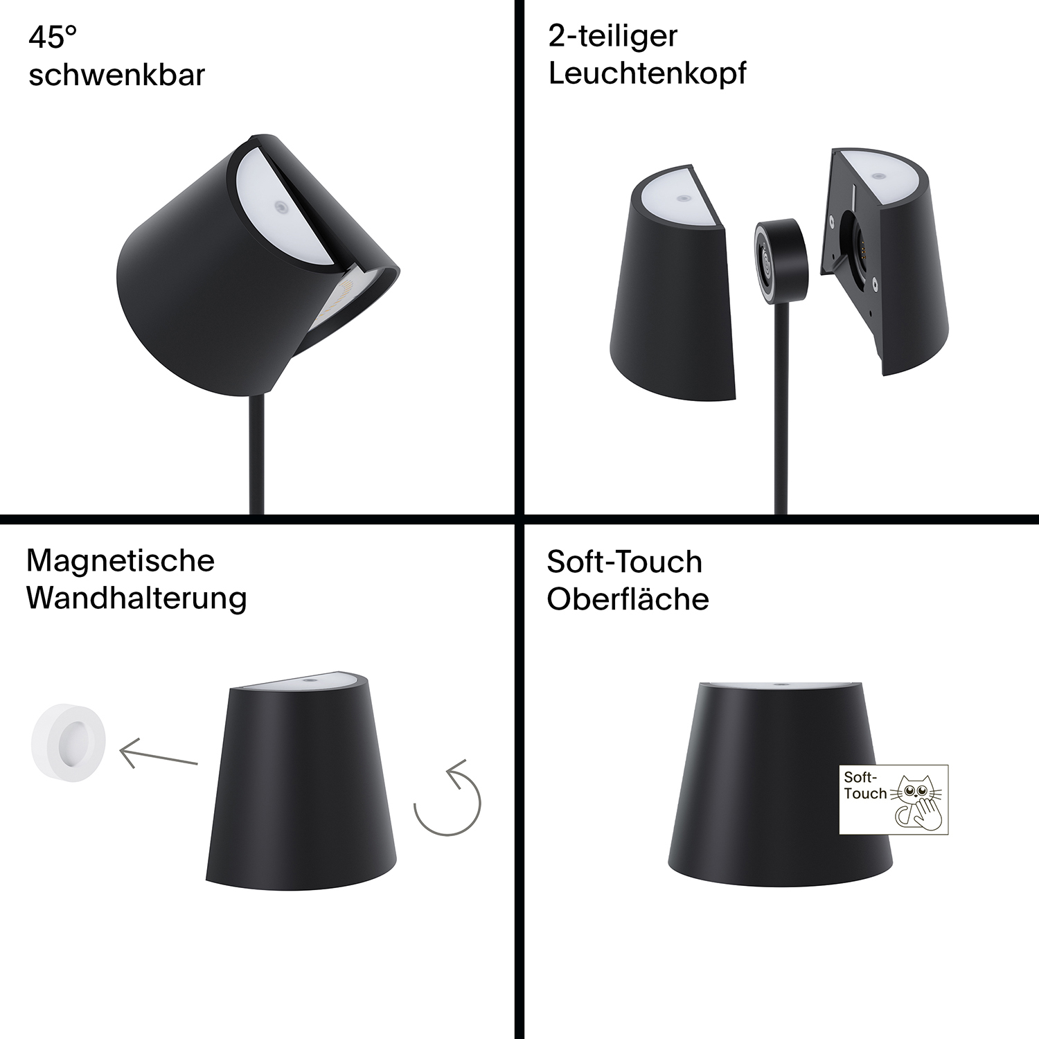 Vier Darstellungen einer schwarzen Lampe: 45° schwenkbar, zweiteilig, magnetisch, Soft-Touch.