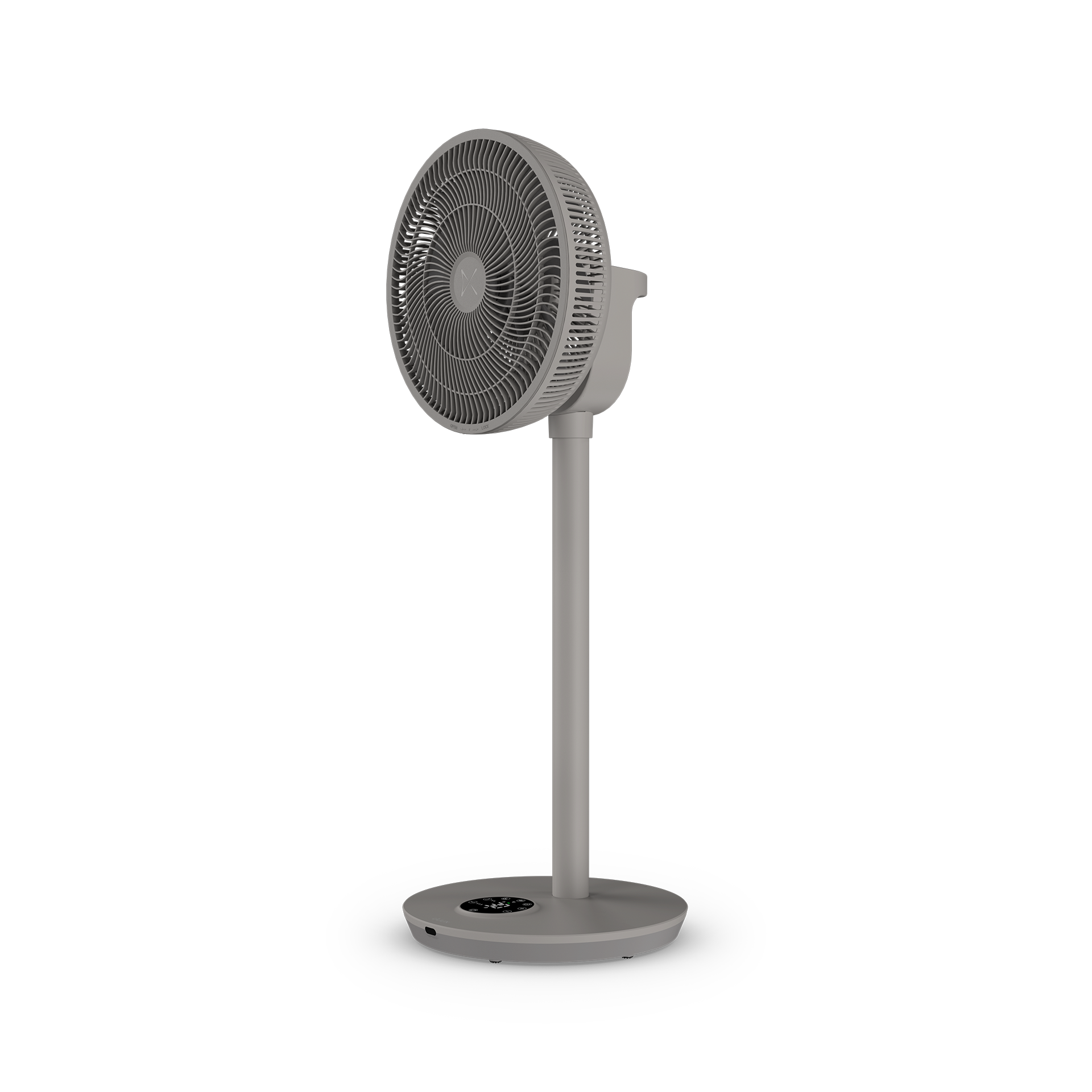 Grauer Standventilator mit rundem Gitter und digitaler Anzeige auf dem Sockel.