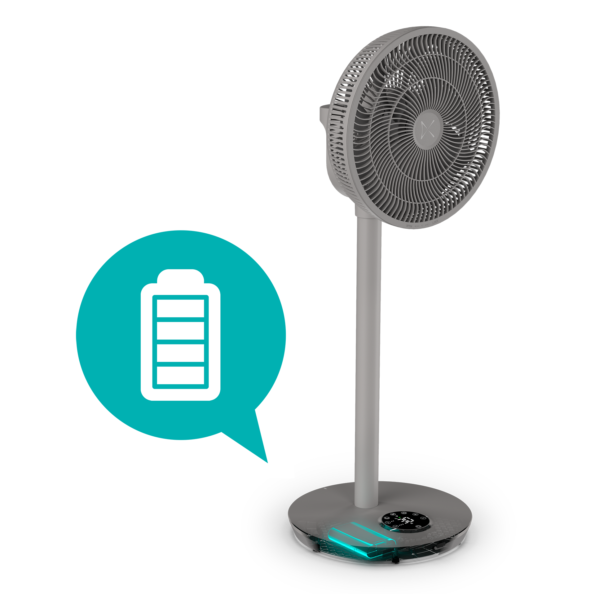 Un ventilateur gris à côté d'une icône de batterie. Détails sur la base.