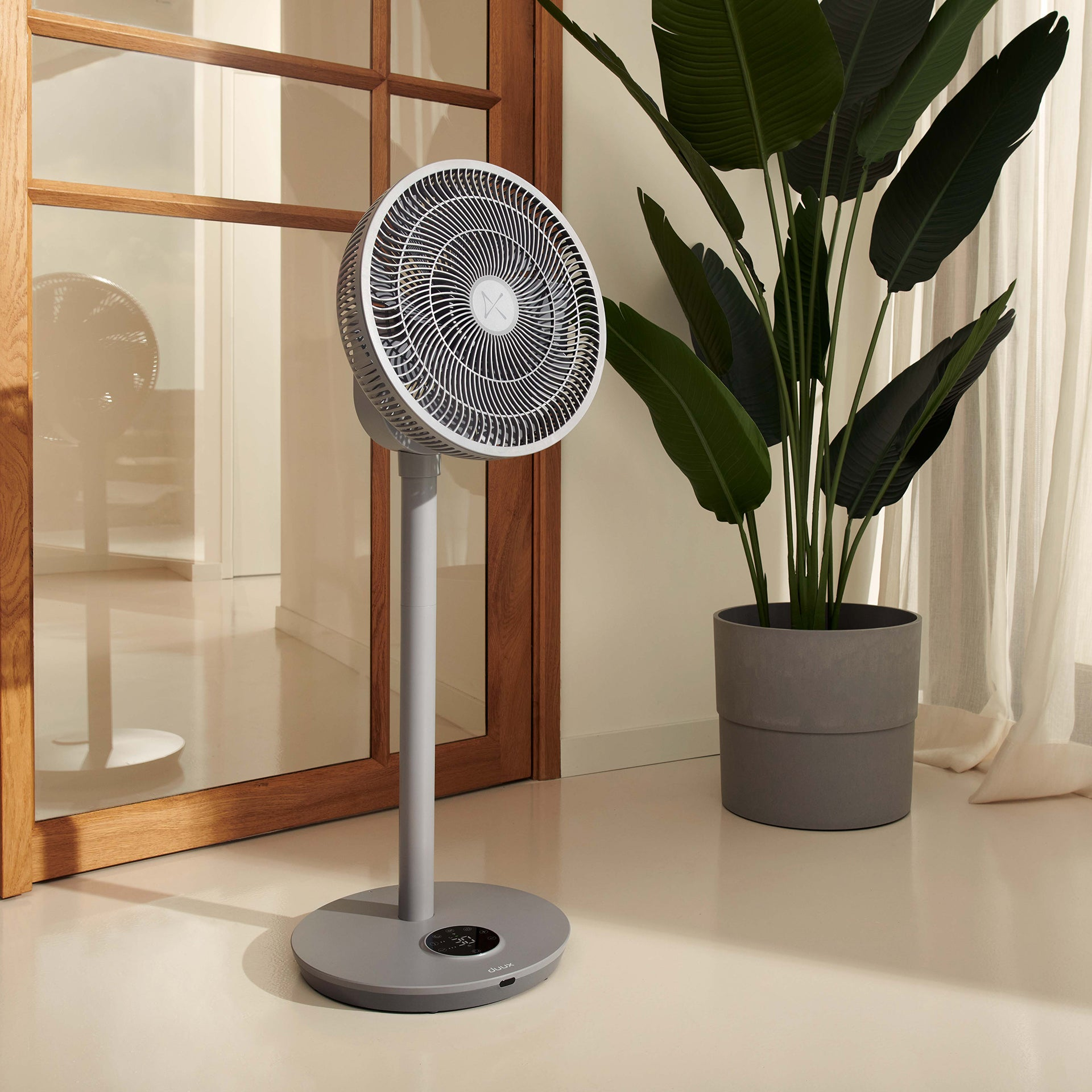 Ein grauer Standventilator steht neben einer großen Topfpflanze und einem Holztürenrahmen.
