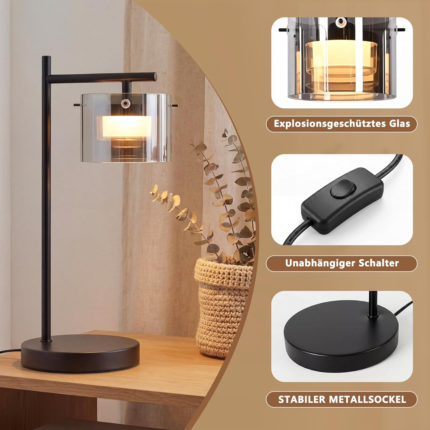 Una lámpara de mesa negra con pantalla cilíndrica de cristal y base metálica estable.