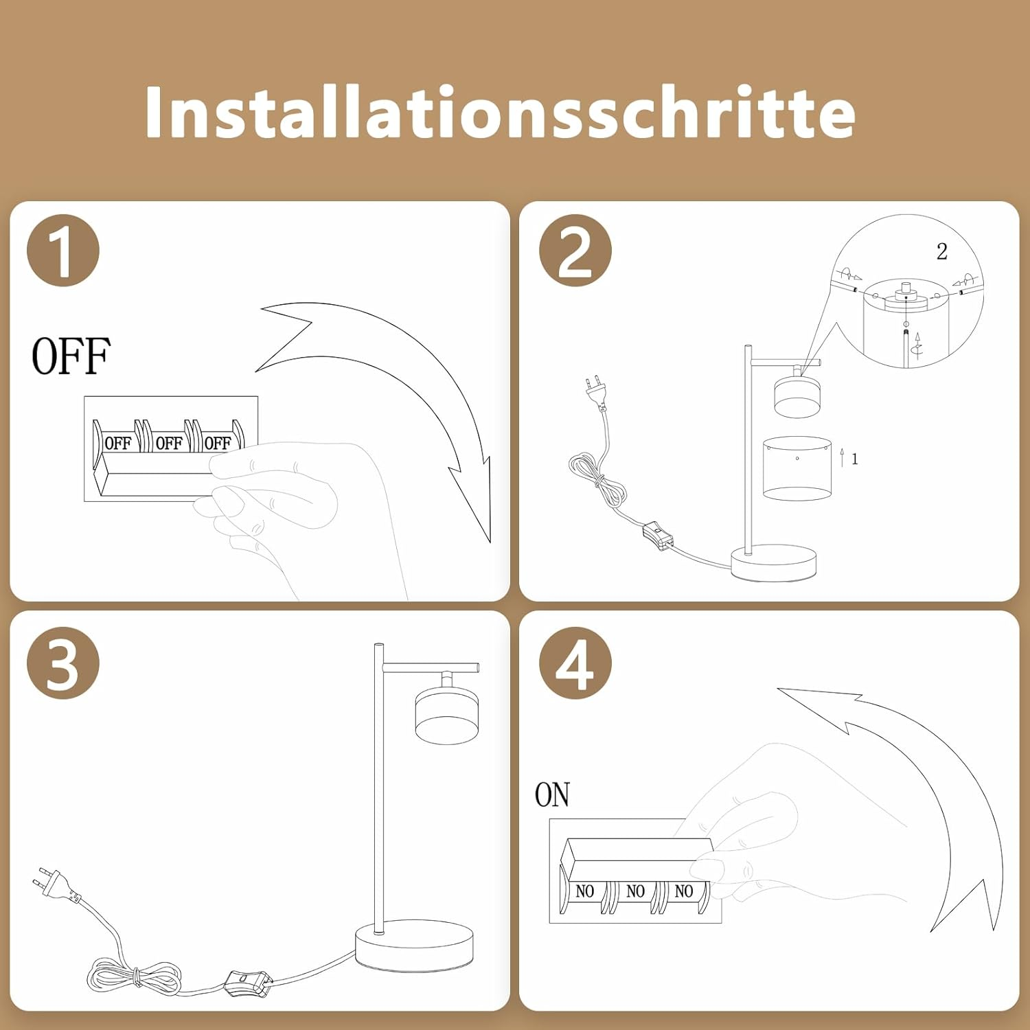 Pasos de instalación: 1. Interruptor apagado. 2. Montar lámpara. 3. Lámpara lista. 4. Interruptor encendido.