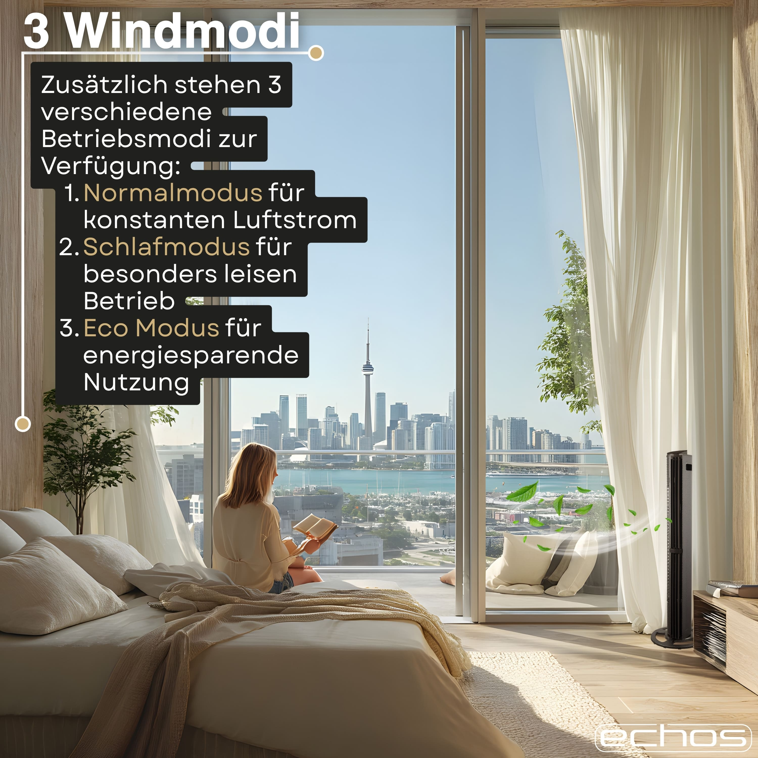 Ein Schlafzimmer mit Blick auf eine Stadt, ein Ventilator und eine Frau liest.