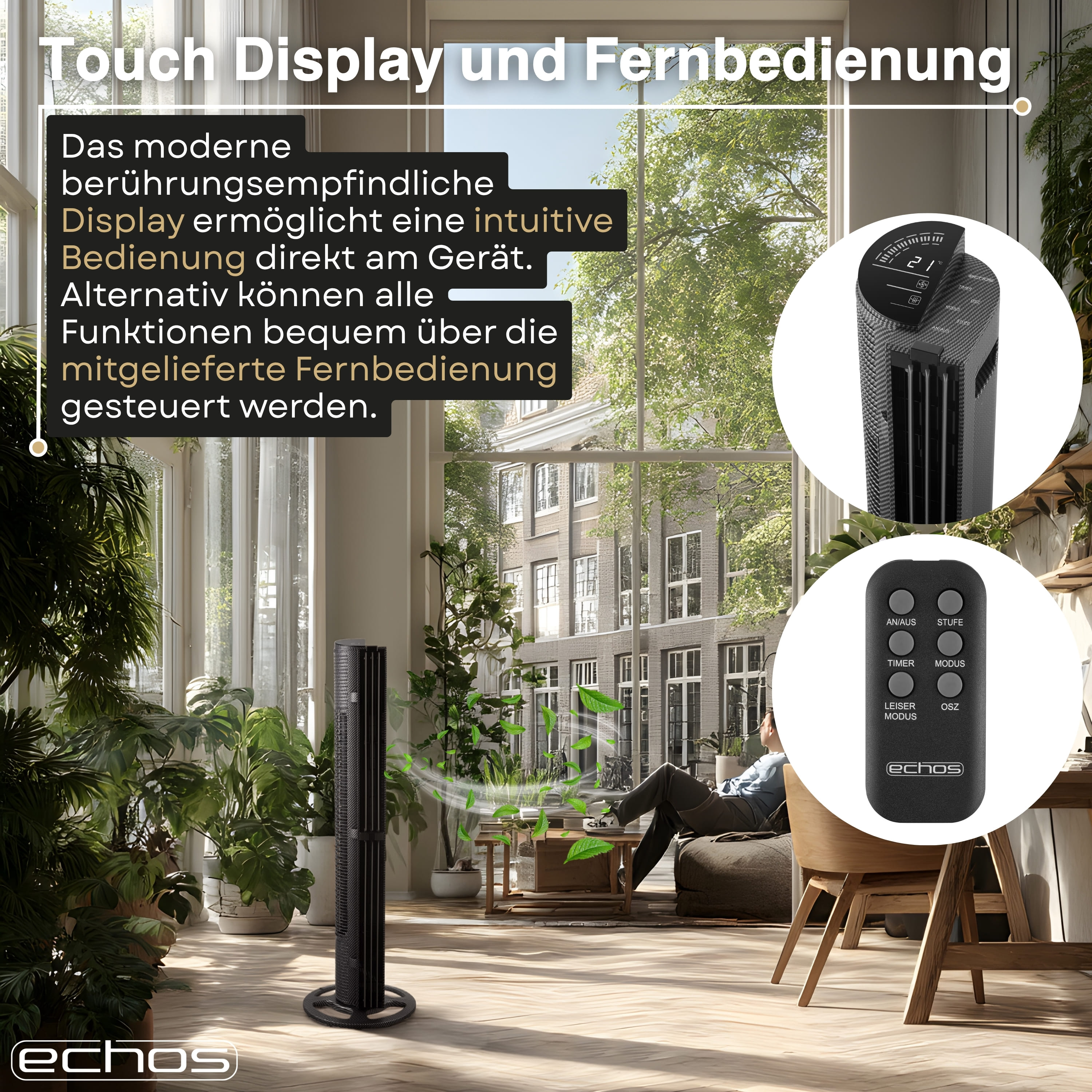 Ein moderner Turmventilator mit Touch-Display und Fernbedienung.
