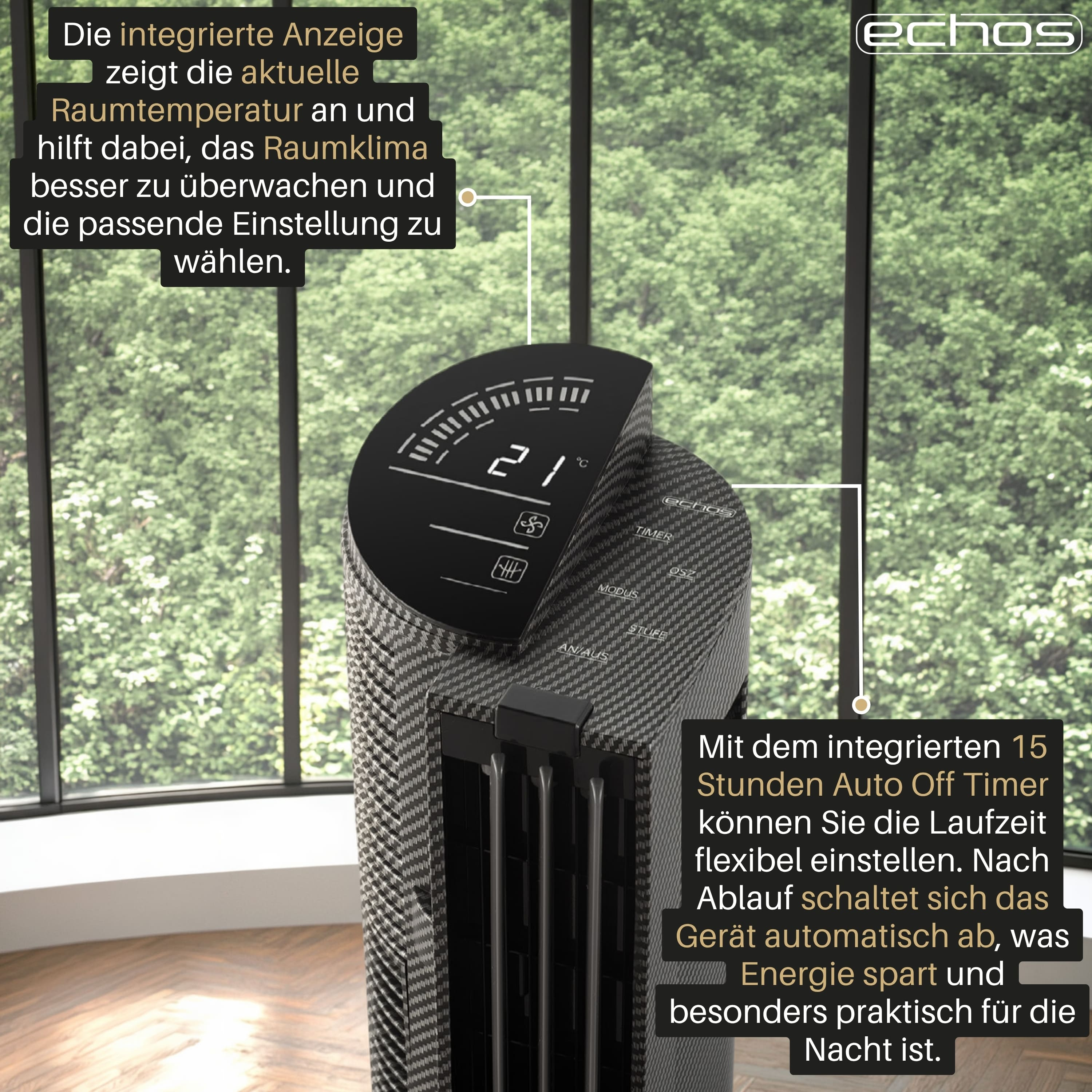 Ein weißer Turmlüfter mit digitaler Anzeige und Carbon-Look neben einem Fenster.