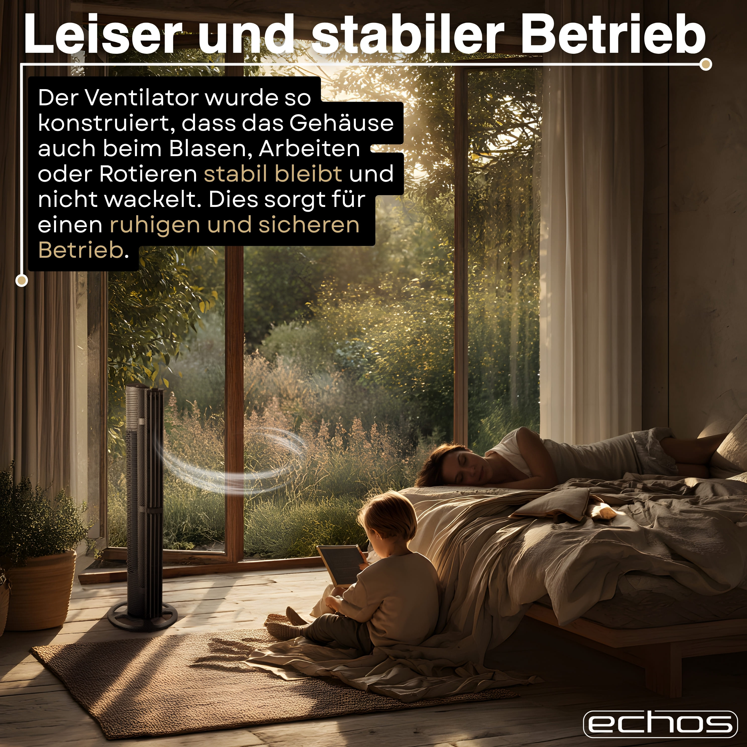 Ein Ventilator steht neben einem Bett, auf dem eine Frau schläft und ein Kind sitzt.