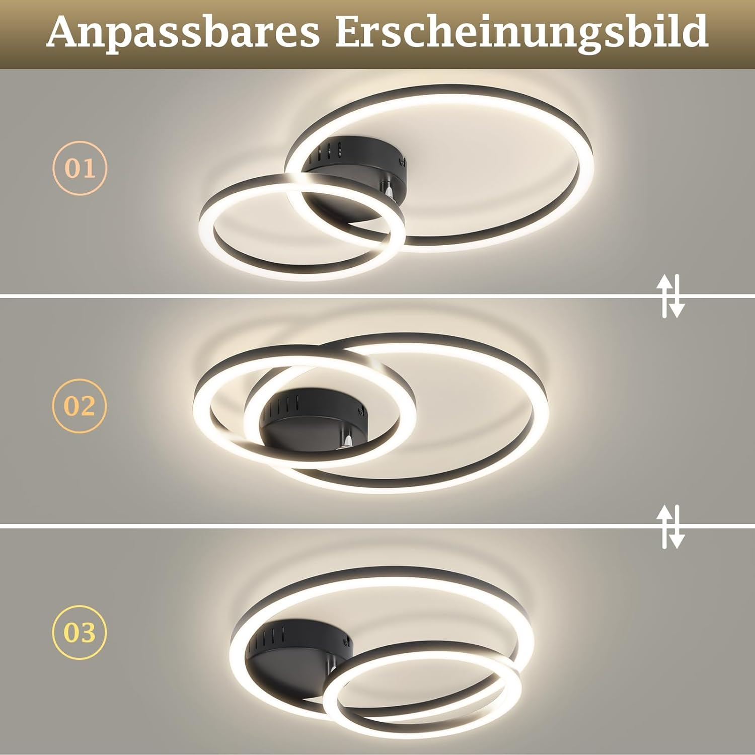 Deckenleuchte mit drei Ringen in verschiedenen Anordnungen und Beleuchtungsstufen.