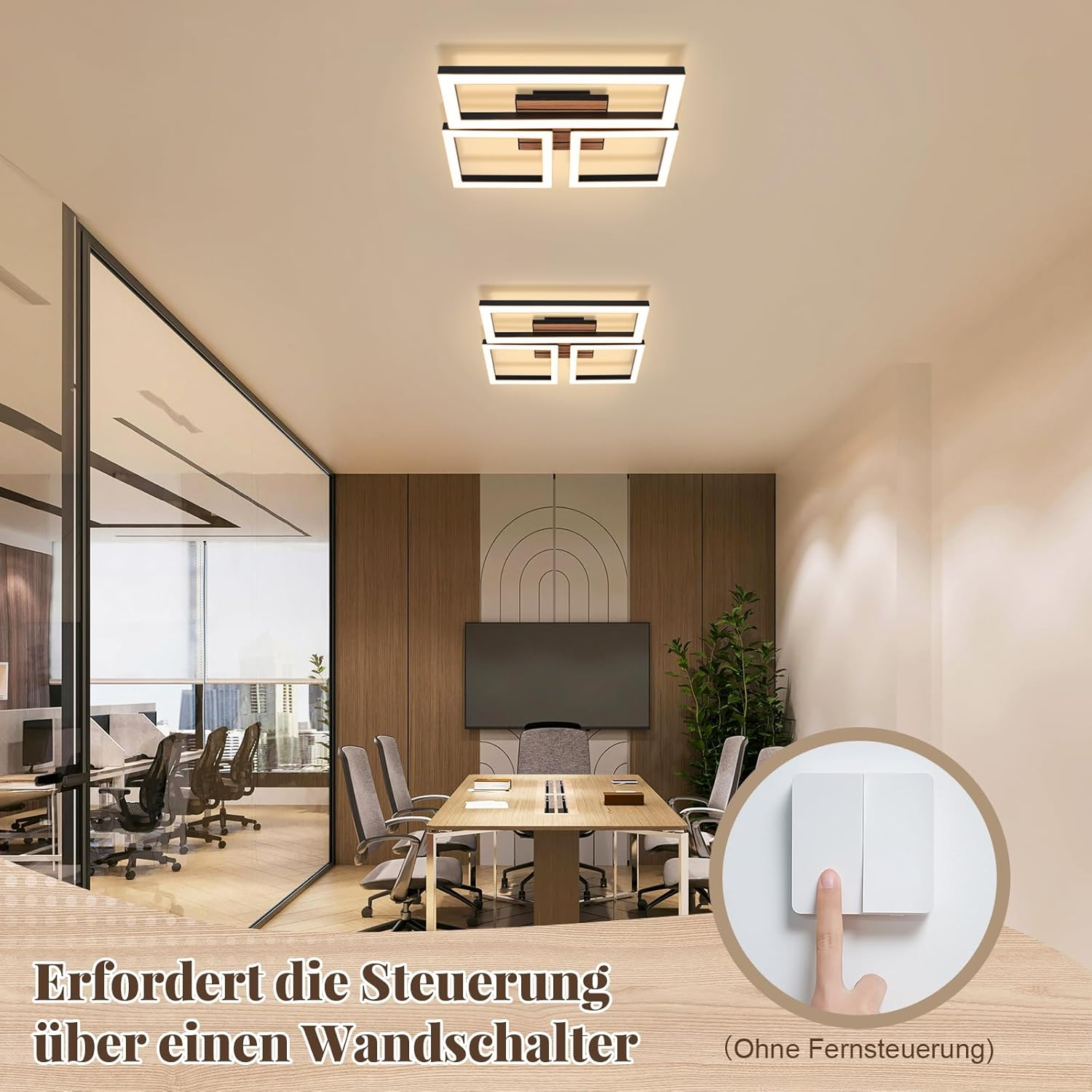 Moderner Büroraum mit zwei Deckenleuchten, Schreibtischen und einem Konferenztisch.