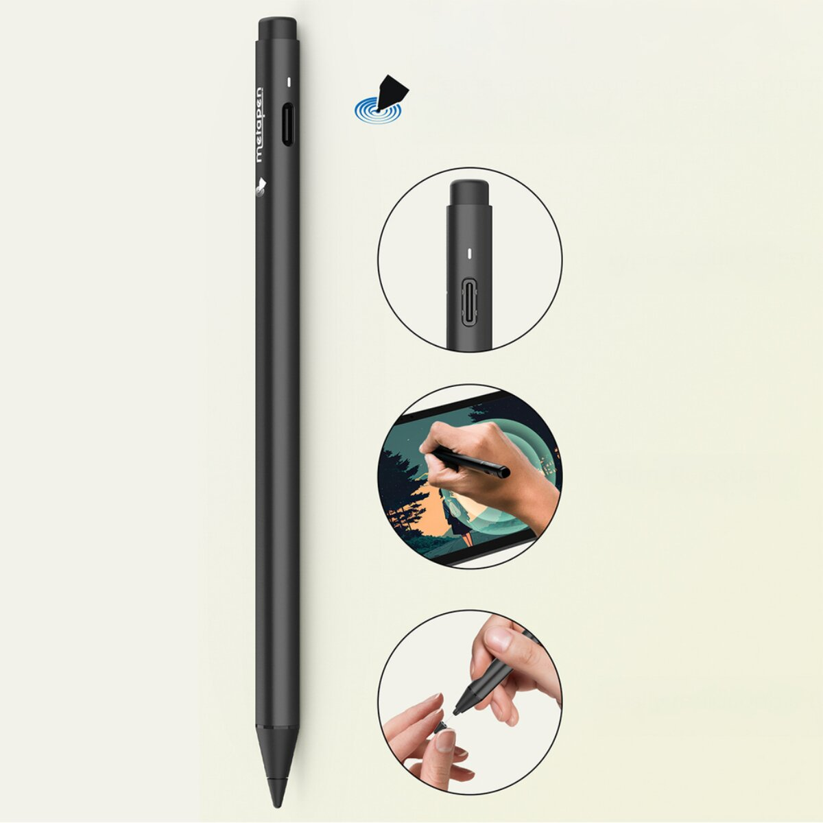 Ein schwarzer Stylus-Stift mit drei Nahaufnahmen: Ladeanschluss, Hand beim Zeichnen, Stiftspitze wird gewechselt.
