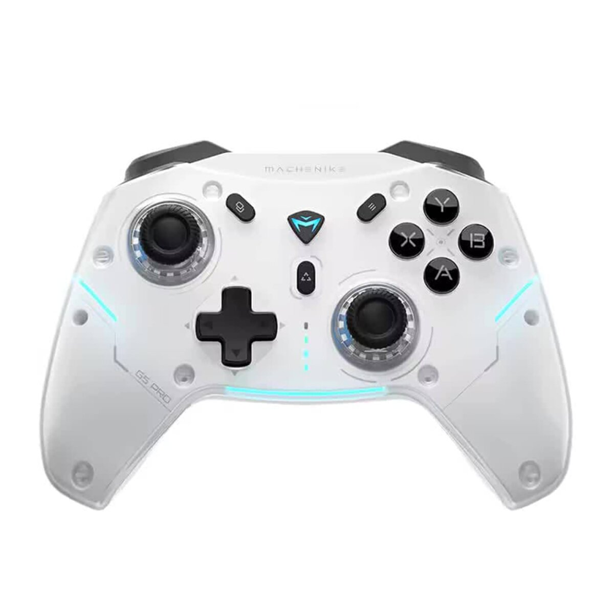 Un controller di gioco MACHENIKE G5 PRO bianco con accenti LED blu.