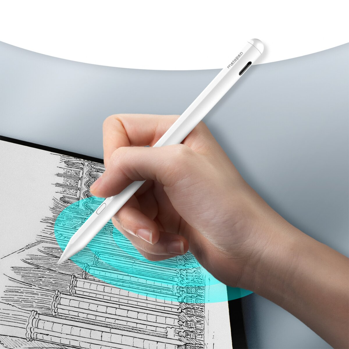 Eine Hand hält einen weißen Stift über einer Zeichnung von Gebäuden.