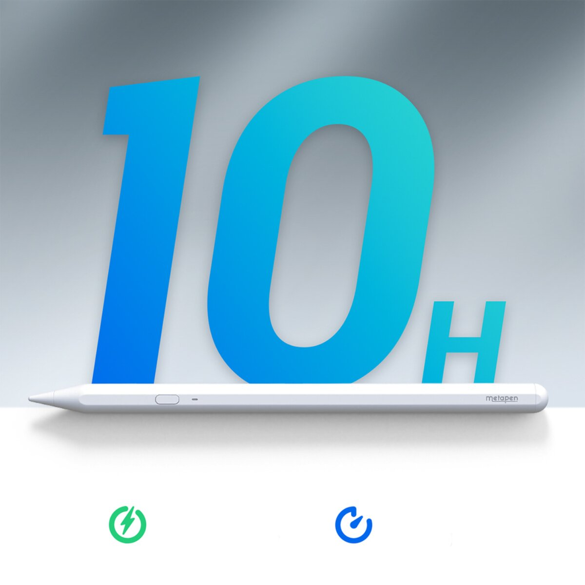 Ein weißer Stift liegt vor einer großen blauen "10H"-Grafik.