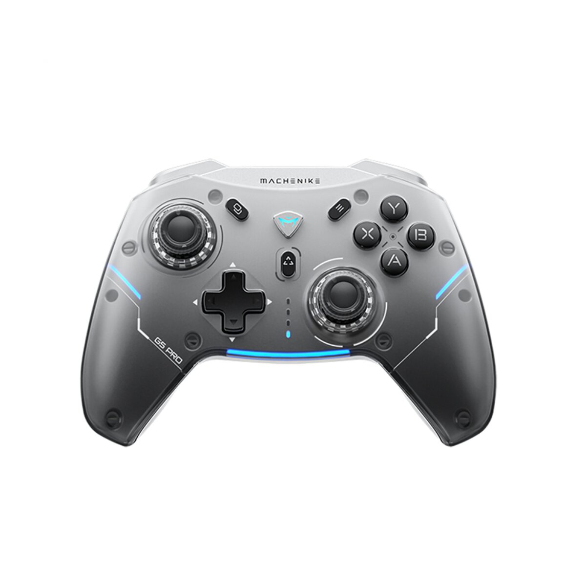 Controller da gioco grigio con accenti e pulsanti blu.